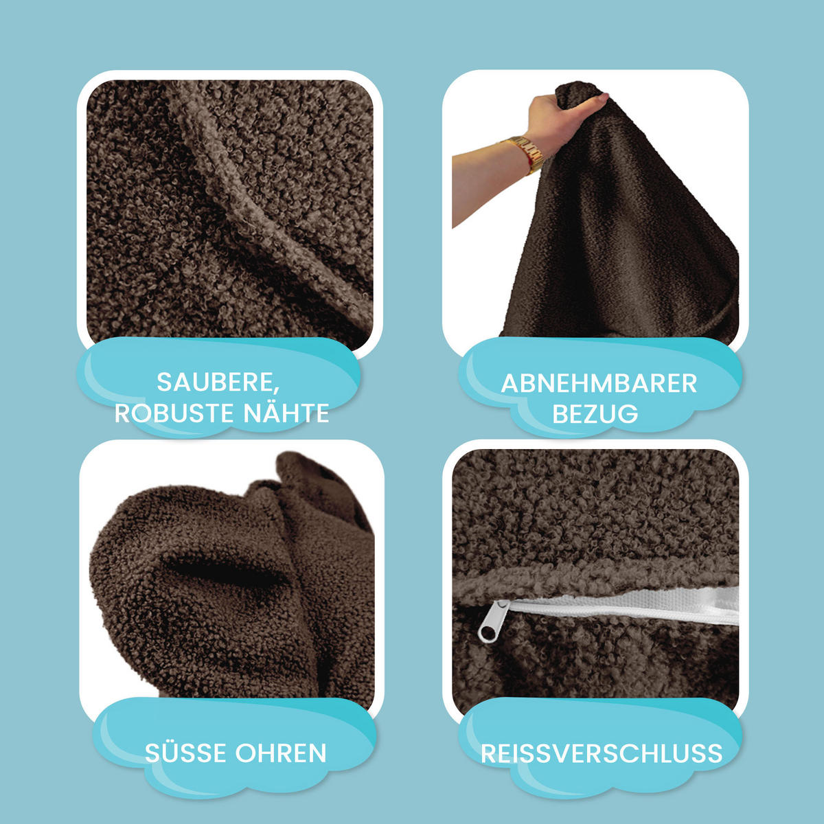 SITZSACK FÜR KINDER Maus 75/75/55 cm, weicher Bouclé 315 g/m², abnehmbarer Bezug, Cocoa Brown - Dunkelbraun, Textil (75/55/75cm) - Dreamroots