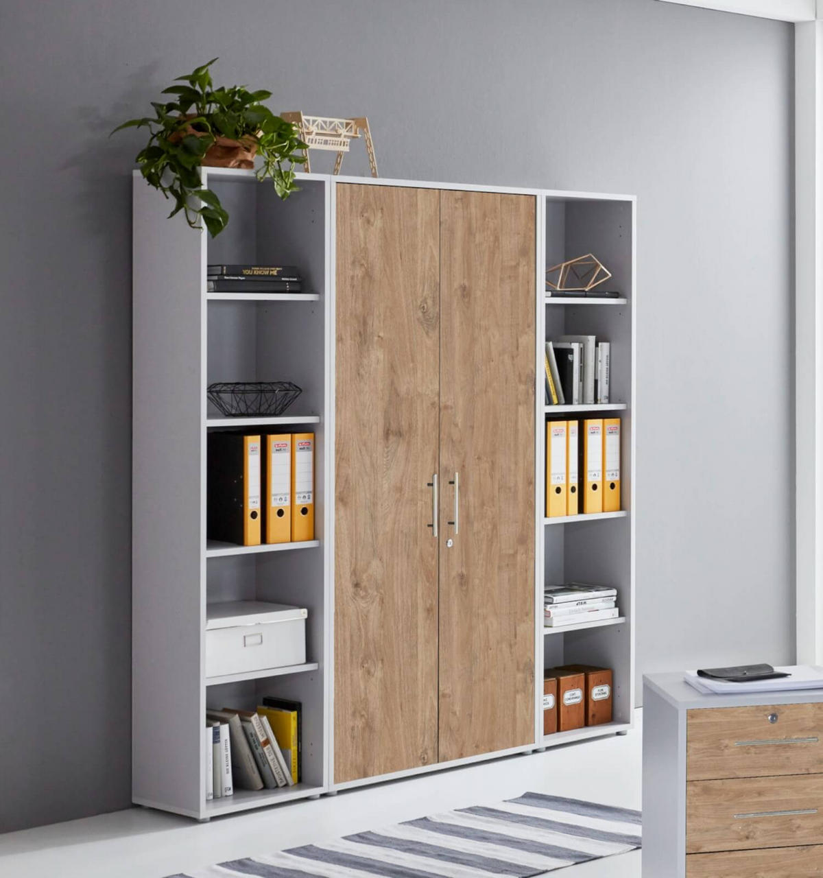 BÜROMÖBELSET 3-tlg. lichtgrau / Gold Harbor Oak - Eichefarben/Silberfarben, Holz/Metall (172/185/33cm)