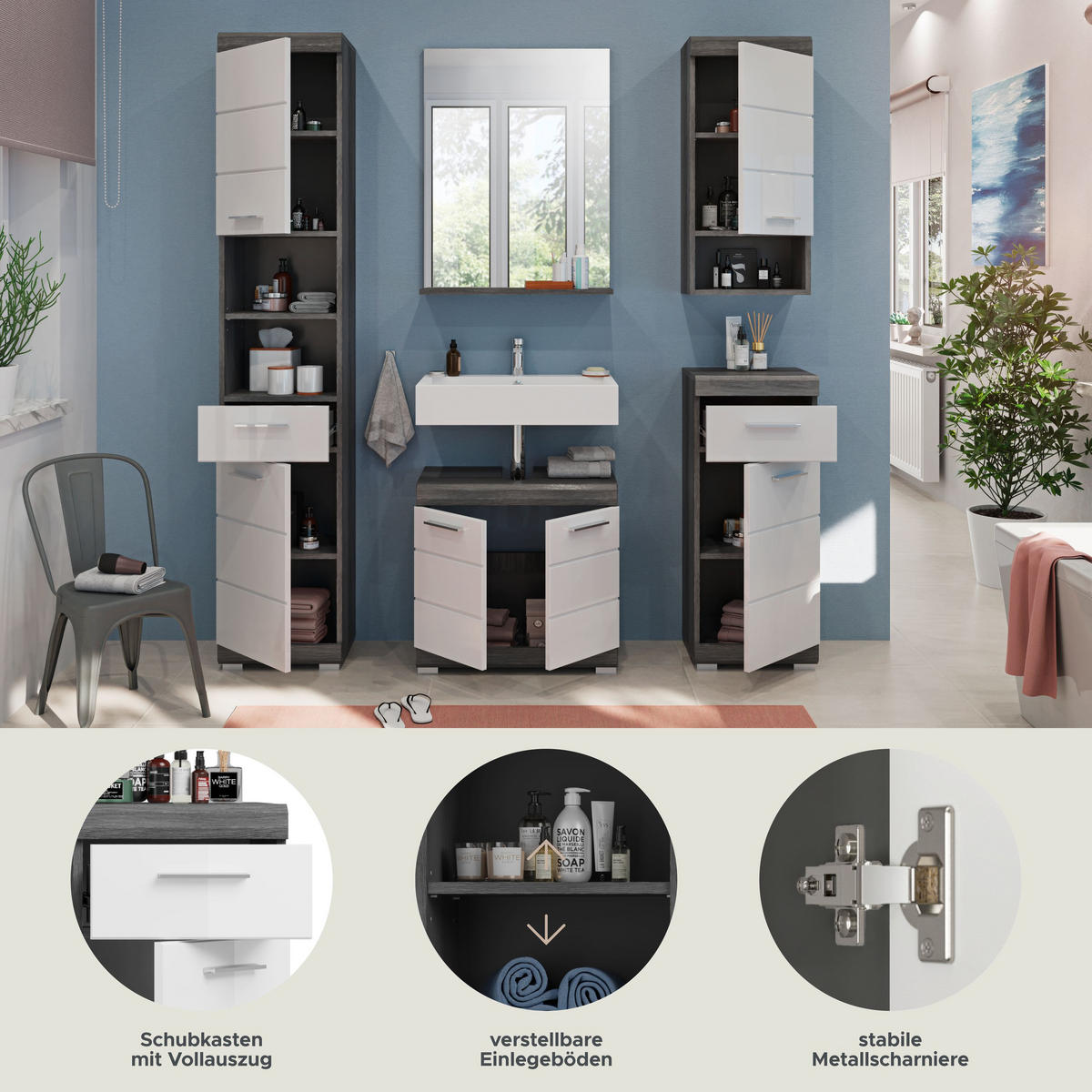 BADKOMBINATION 5tlg. Scout Bad in Rauchsilber Nachbildung und weiß hochglanz B/H/T: 164x191x34 cm - Anthrazit, Holz (164/191/34cm)