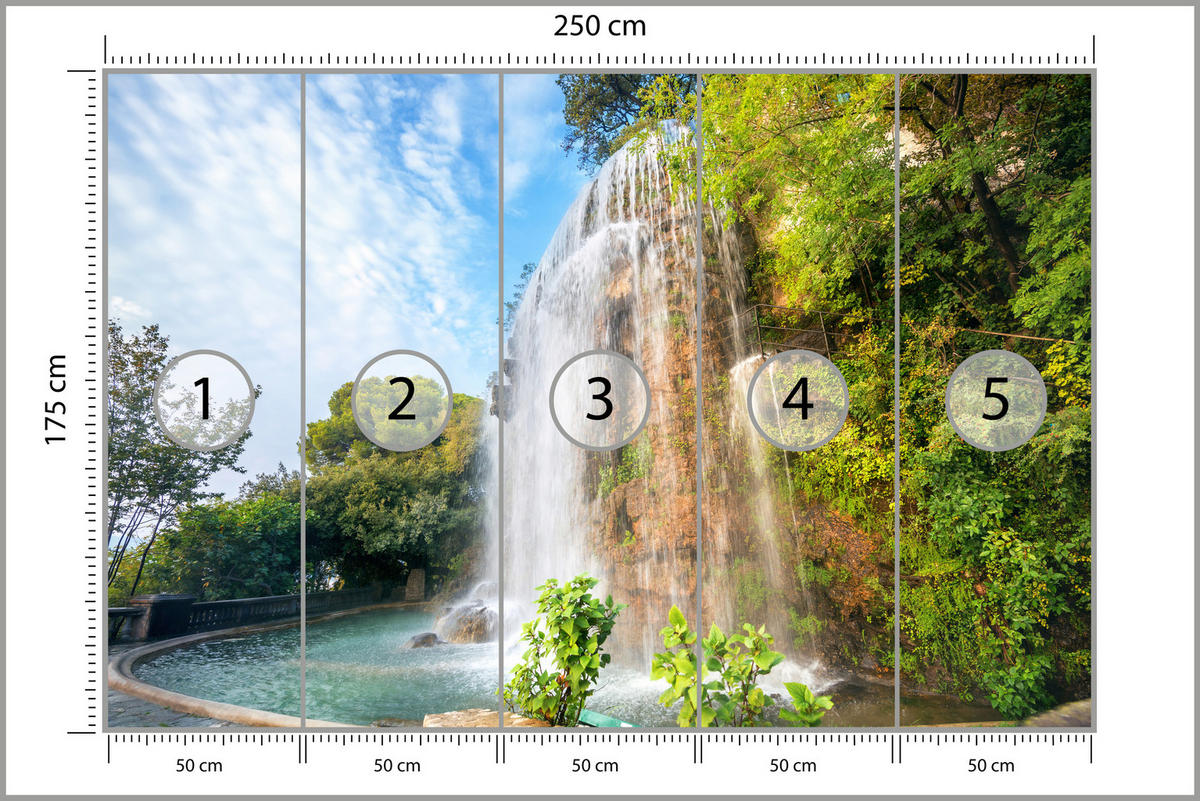 FOTOTAPETE für Wohnzimmer Wasserfall Nizza Felsen Pflanzen Bäume 250x175 - Blau/Beige, Papier (250/175cm) - Muralo