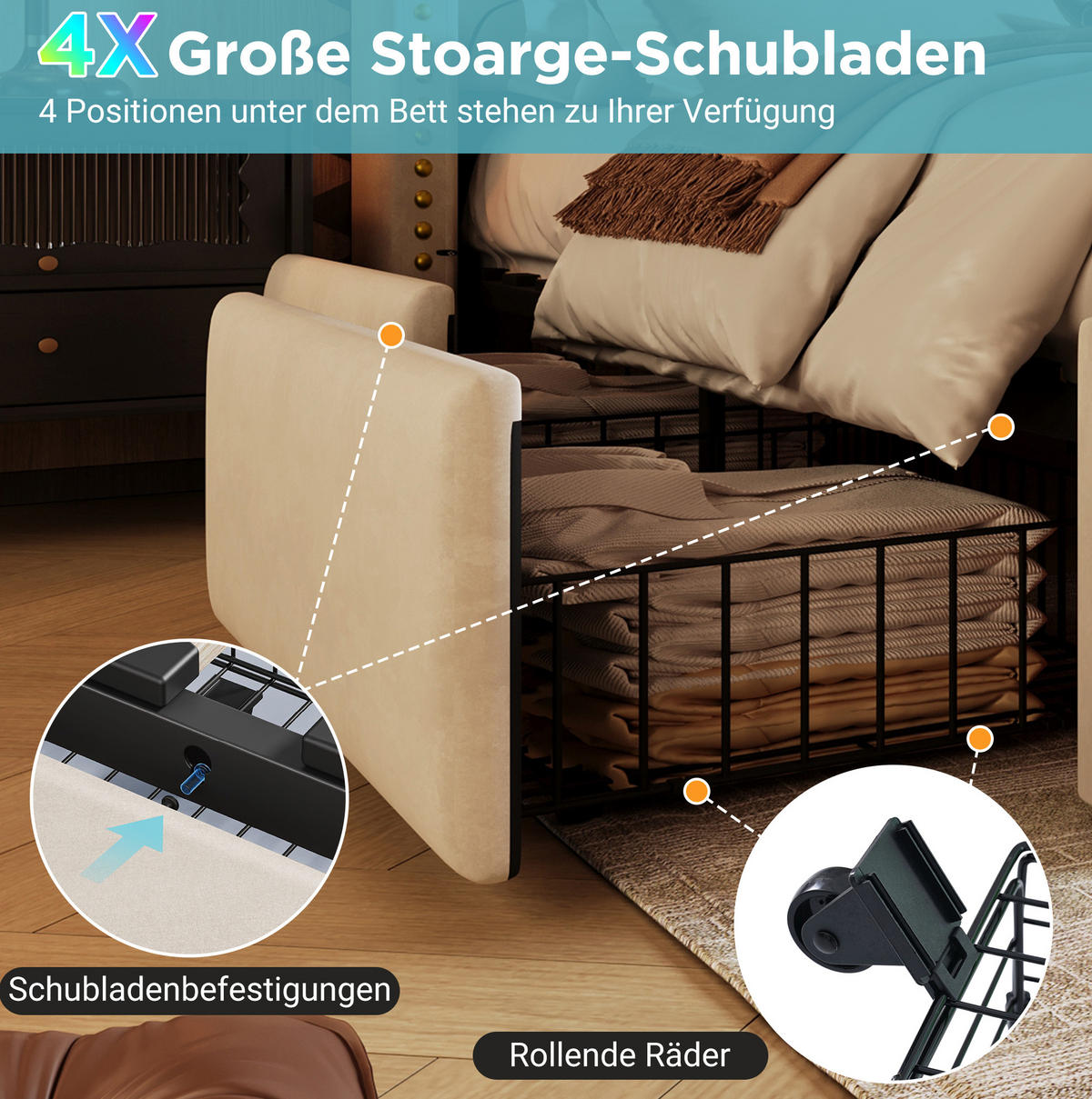 POLSTERBETT aus Samt 160x200 cm Beige mit 4 Schubladen, LED-Beleuchtung und USB-/USB-C-Anschluss - Beige, Textil (160/200cm) - IVMEU