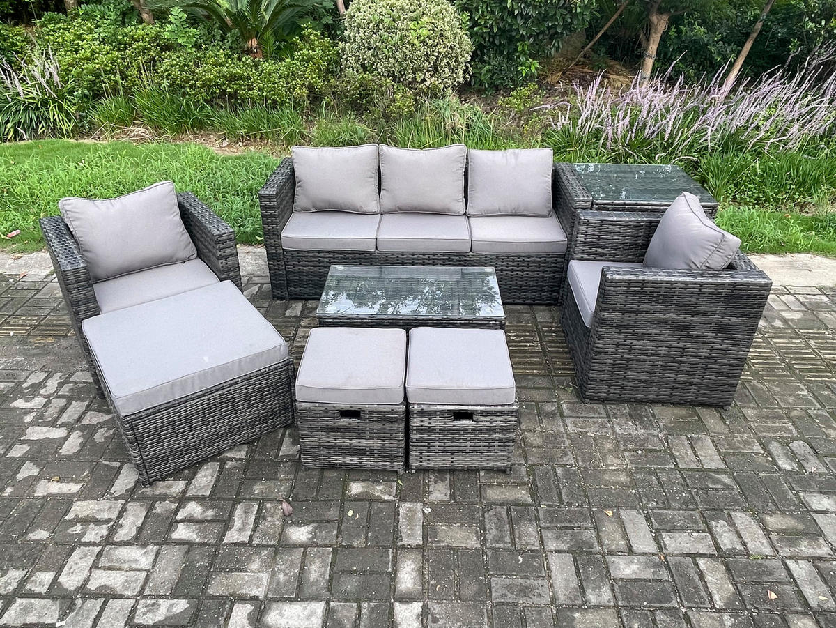 GARTENSOFA SET Polyrattan Dunkelgrau 8-Sitzer - Dunkelgrau, Metall - Fimous