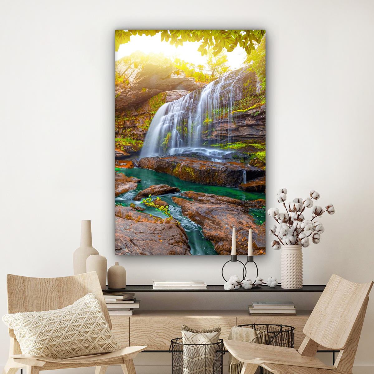 LEINWANDBILD Natur - Wasserfall - Pflanzen - Bäume - Sonne Deko Groß 90x140 cm - Olivgrün, Textil (90/140cm) - MuchoWow