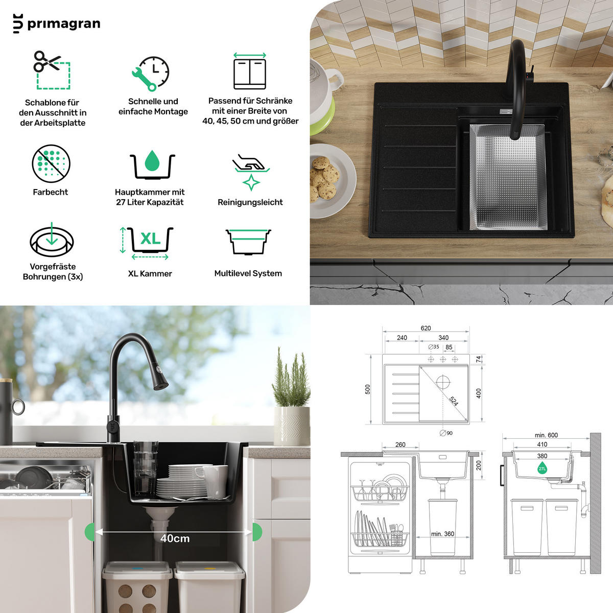 SPÜLBECKEN Sydney, 2-er set Weiß 62/50 cm 1 Becken + Ablauf-Set + Küchenzubehörset ab 40er Unterschrank - Chromfarben/Beige, Kunststoff (62/20/50cm) - Primagran