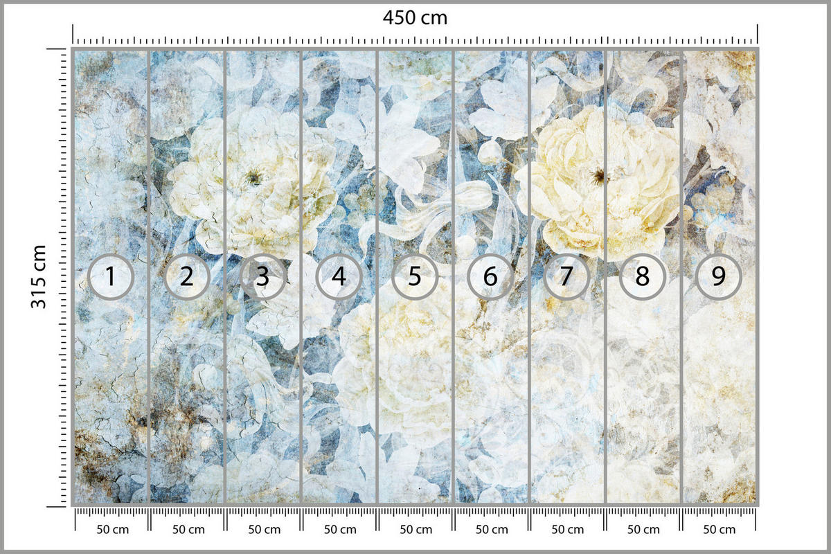 FOTOTAPETE Blumen Abstraktion Vintage Stil 450x315 - Blau/Gelb, Papier (450/315cm) - Muralo