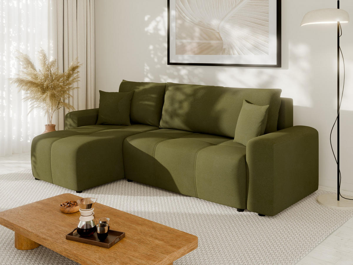 ECKSOFA Nolani mit Schlaffunktion & Bettkasten – Modern & Bequem - Olivgrün, Kunststoff (248/145cm) - Panda Möbel