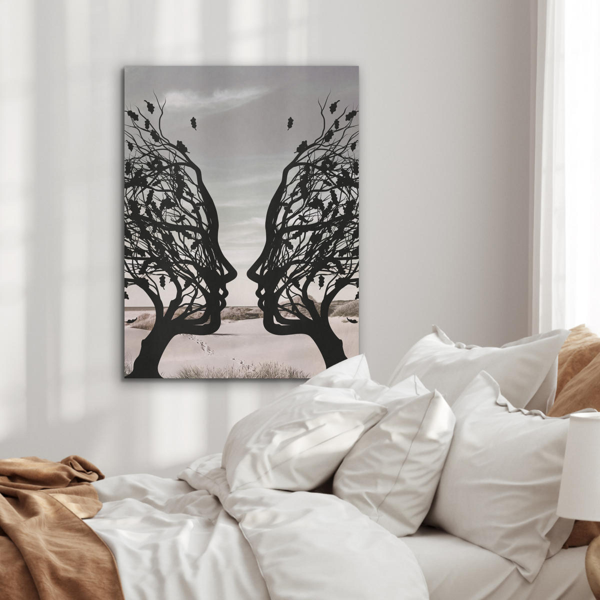 AKUSTIKPANEEL Strand - Meer - Menschen - Baum - Moderne Kunst 60x80 cm - Hellgrau, Textil (60/0.9/80cm) - MuchoWow
