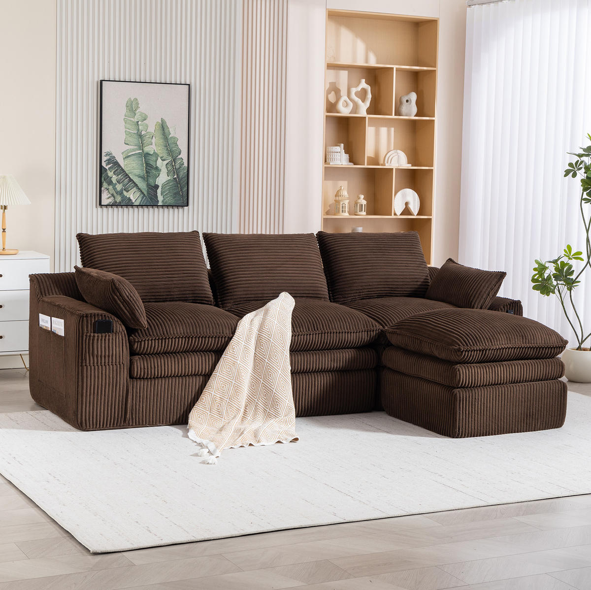 ECKSOFA aus Cord 263x167x85 cm Braun mit Hocker, Seitentaschen und Federkern - Braun, Textil (263/167cm) - Modfu