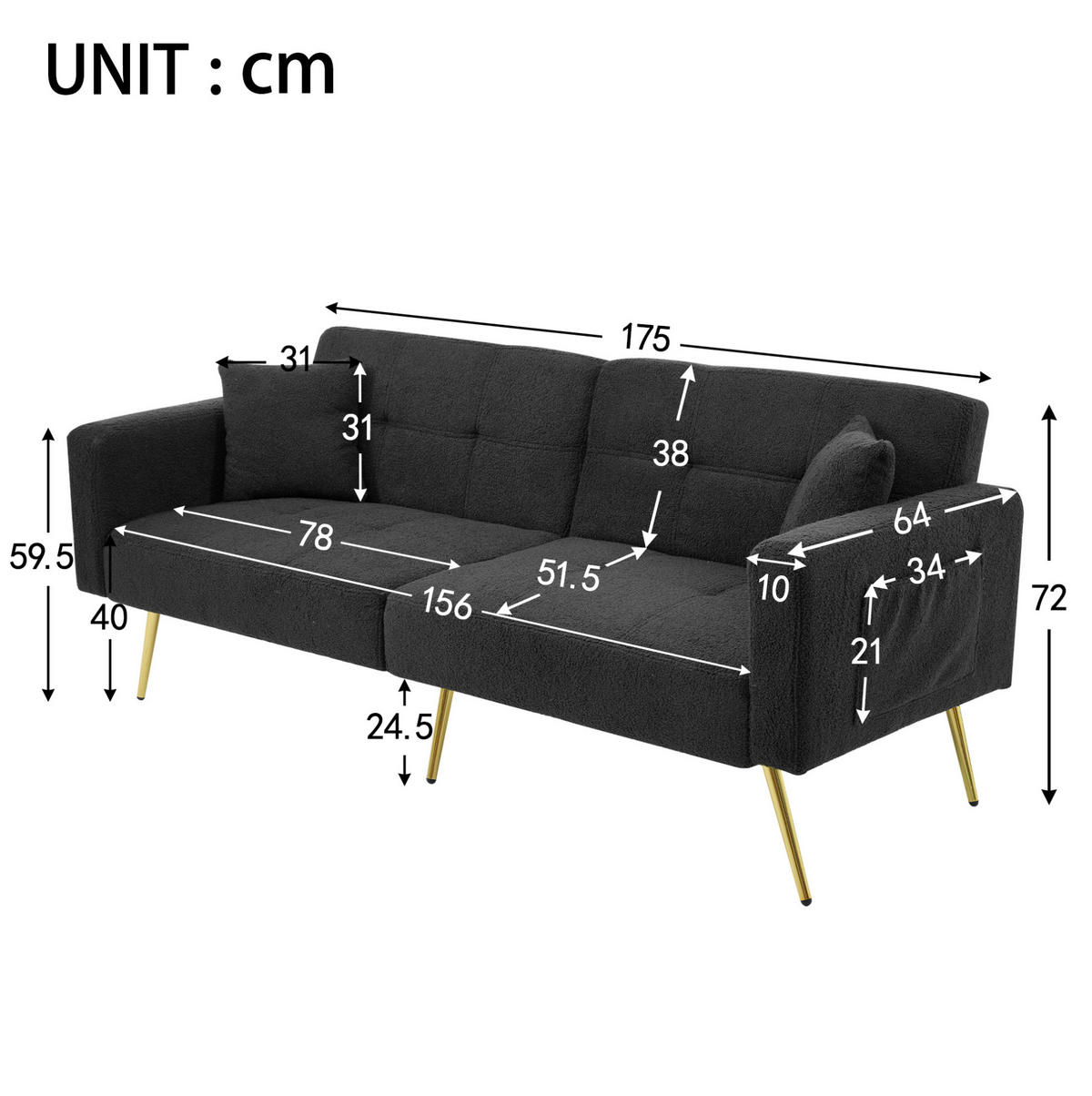 SCHLAFSOFA aus Lammwollstoff 175x64x72 cm Antikgrau mit verstellbarer Rückenlehne und Bettfunktion - Dunkelgrau, Kunststoff (64/72/175cm) - Modfu