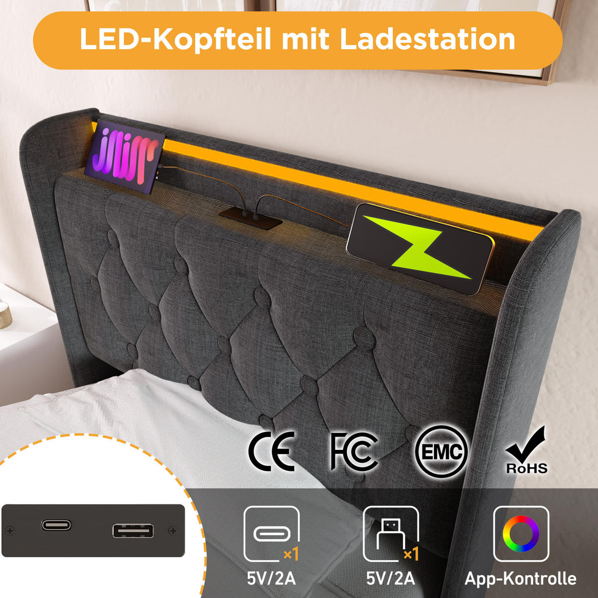 POLSTERBETT 90/200 cm mit LED-Beleuchtung, USB-C, hydraulischem Bettkasten und Matratze, Grau - Grau, Textil (90/200cm) - Redom