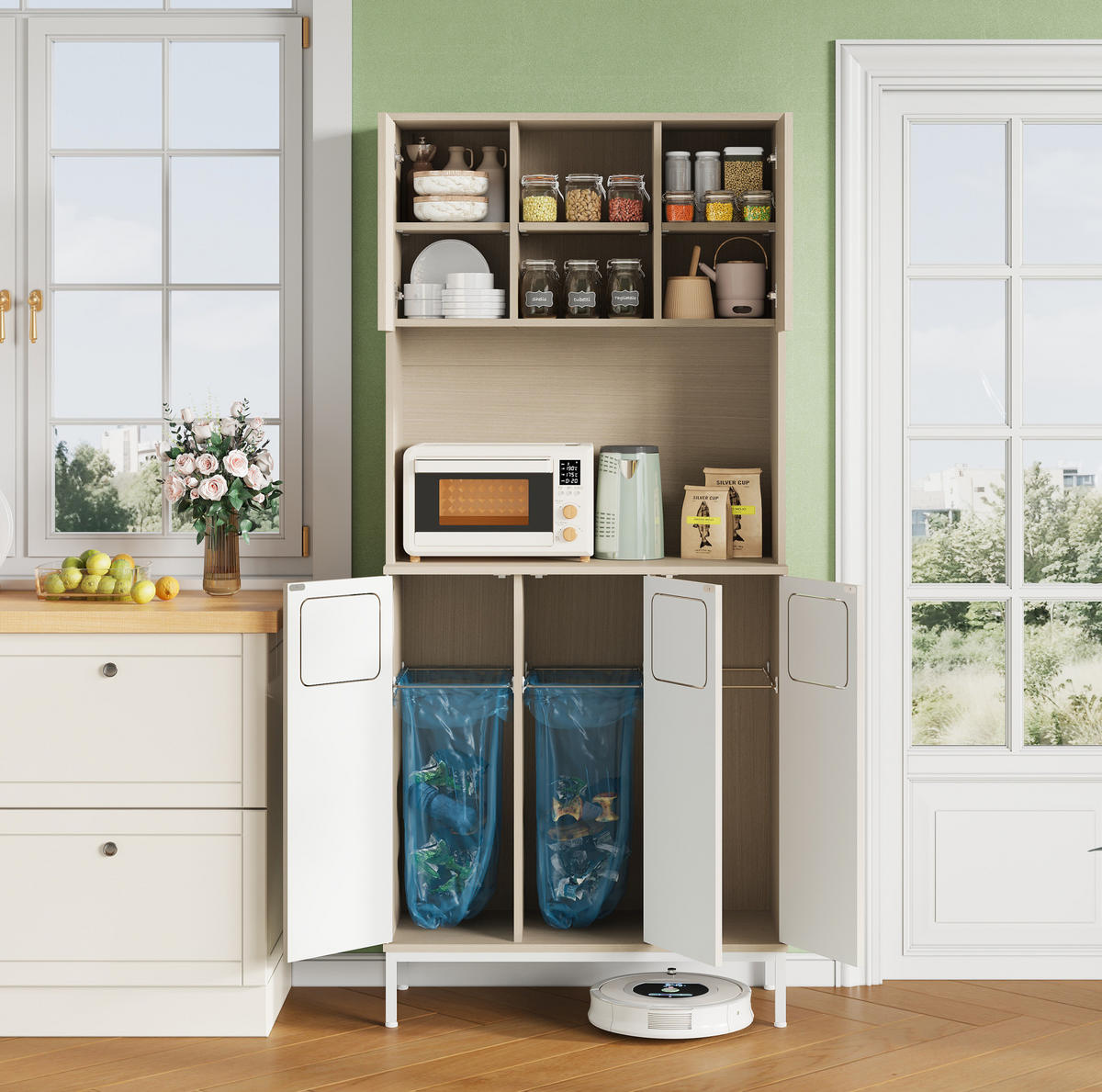 BUFFET 80/35/181 cm aus MDF mit Müllbereich und Mikrowellenfach Weiß (Hellholz-Optik) - Weiß, Holzwerkstoff (80/181/35cm) - Modenvie