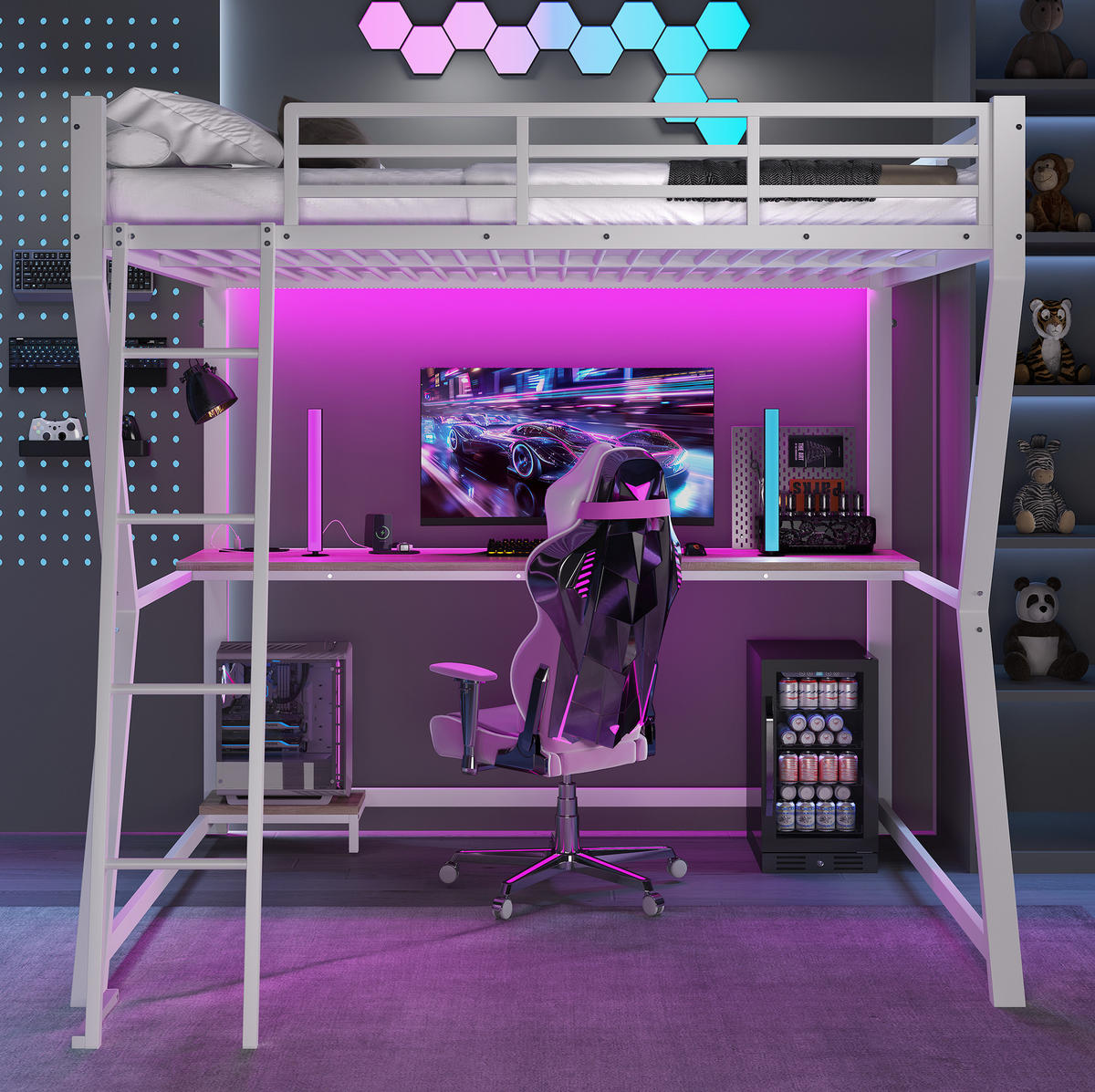 HOCHBETT 140/200 cm Weiß aus Metall mit Schreibtisch und LED-Lichtleiste - Weiß, Metall (140/200cm) - OKMYHOME