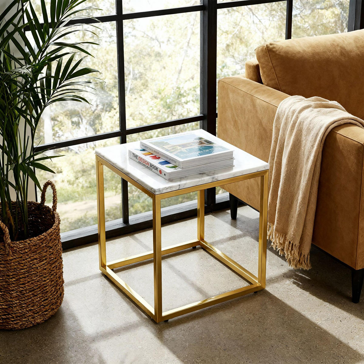 MARMOR-BEISTELLTISCH Alysia,mit höhenverstellbaren Kunststofffüßen,gold/weiß - Goldfarben/Weiß, Stein (45/45/47.5cm) - tectake