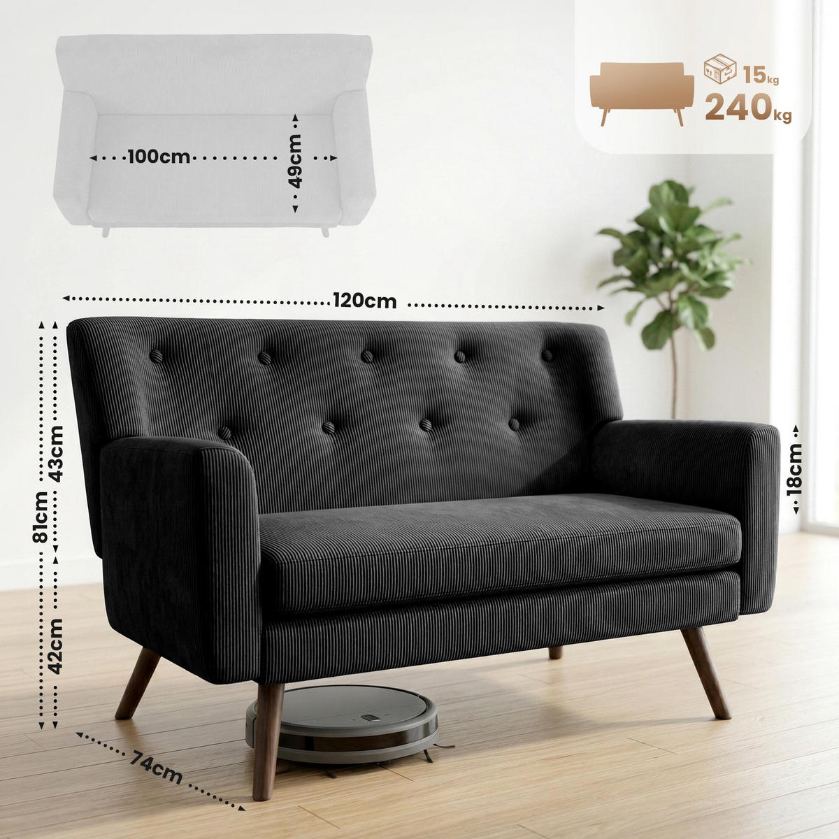 SOFA Arne Cord 2-Sitzer 120x74x81cm Cord Schwarz Couch - Schwarz, Kunststoff (120/81/74cm) - DELUKE