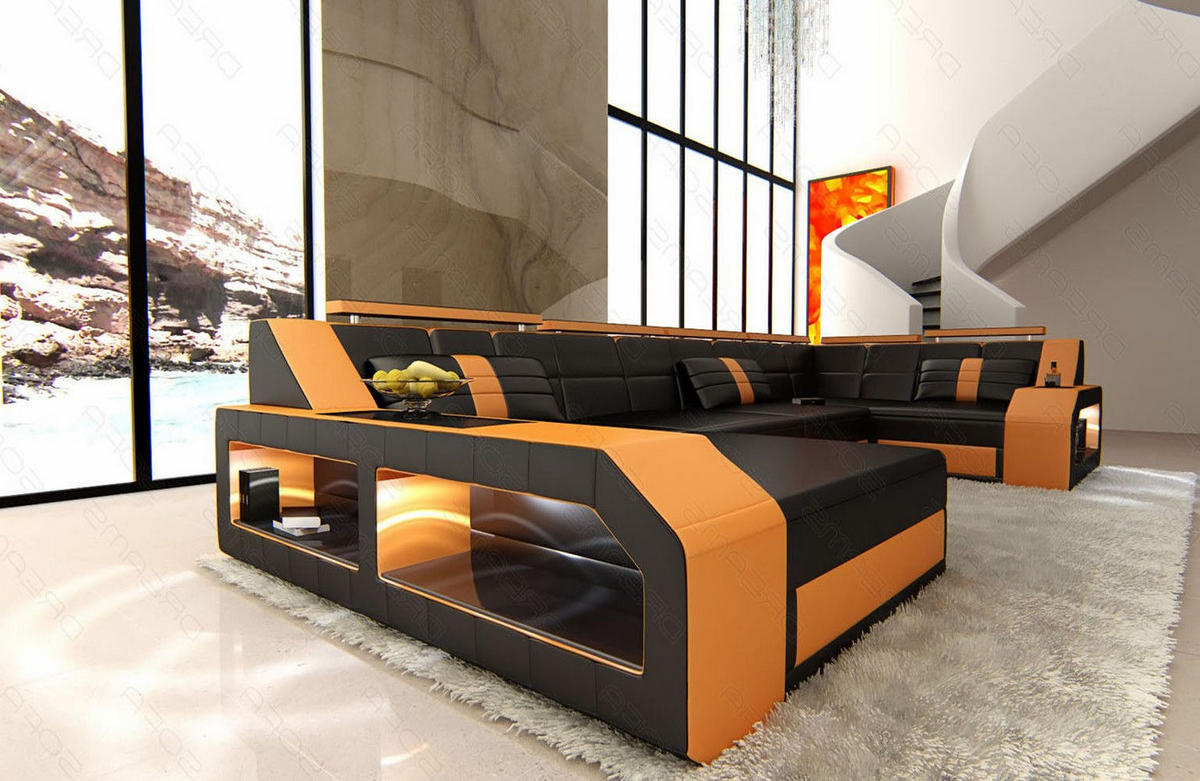 WOHNLANDSCHAFT Arezzo U - Schwarz/Orange, Leder (380/86/197cm) - Sofa Dreams