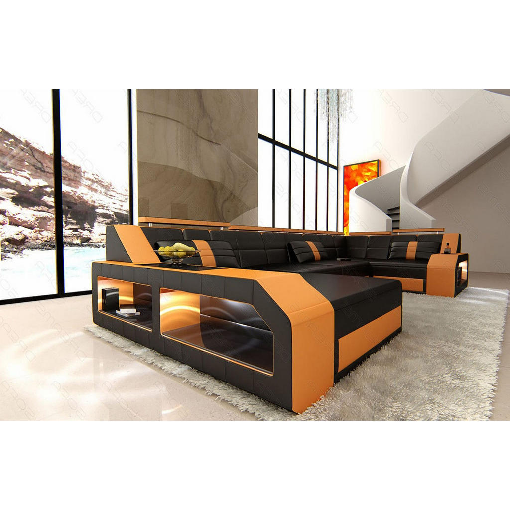 Thumbnail - Sofa Dreams Wohnlandschaft, Schwarz, Orange, Leder, Freiform, 380x86x197 cm, Wohnzimmer, Sofas & Couches, Wohnlandschaft...
