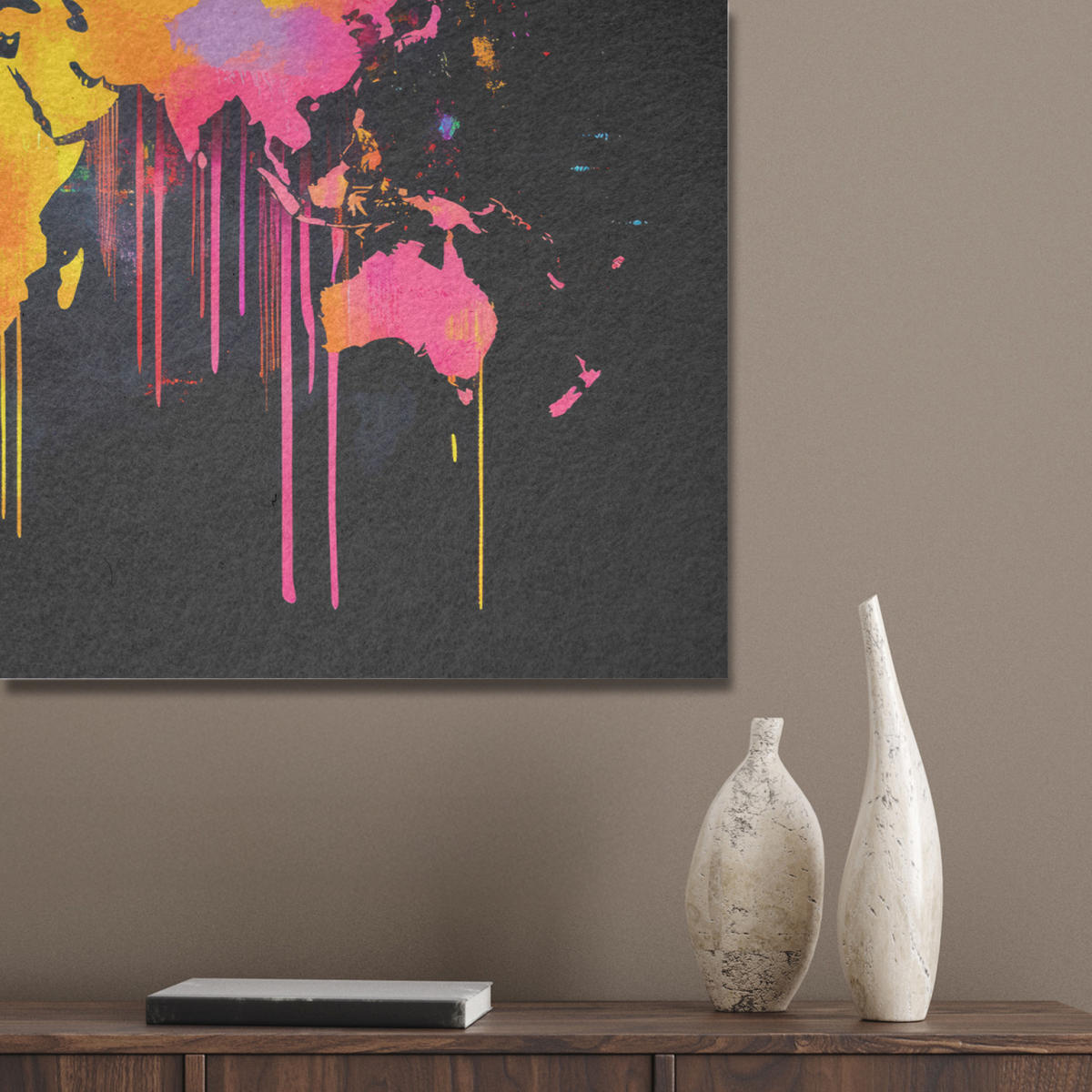 AKUSTIKBILD Weltkarte - Farbe - Bunt - Graffiti - Welt Akustikpaneele 90x60 cm - Multicolor, Kunststoff (90/60/0.9cm) - MuchoWow