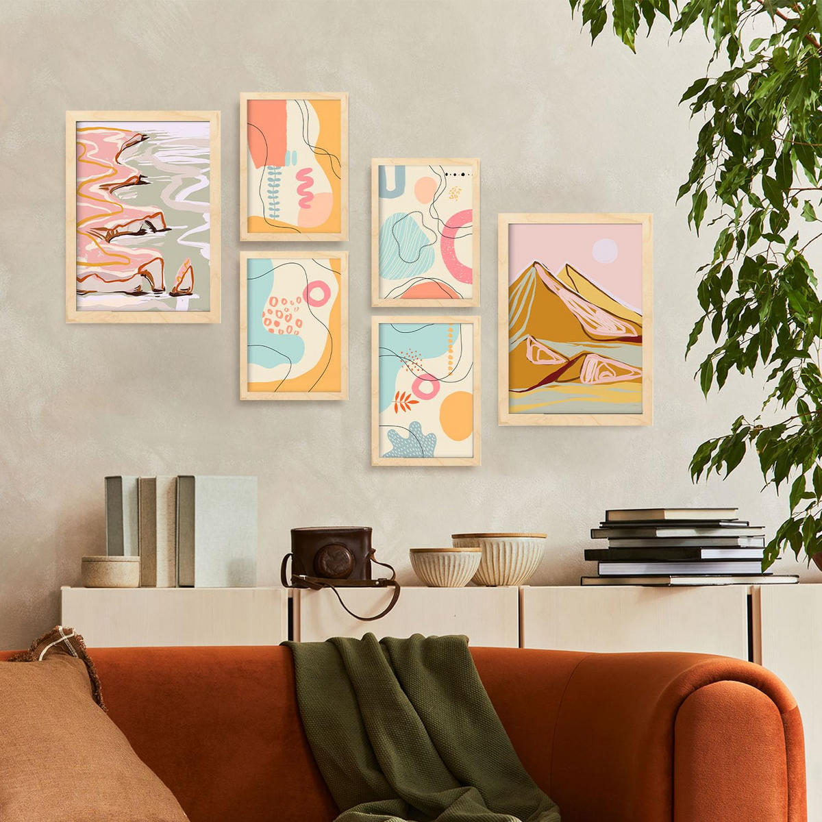 POSTER Set Mit 6 Linienufer In Kulissen Abstracts Ästhetische Dekorative Gemälde Für Ihr Wohnzimmer Zuhause A3 & A4 Rahmen Aus Hellem Holz - Beige, Papier (29/3cm) - Nacnic