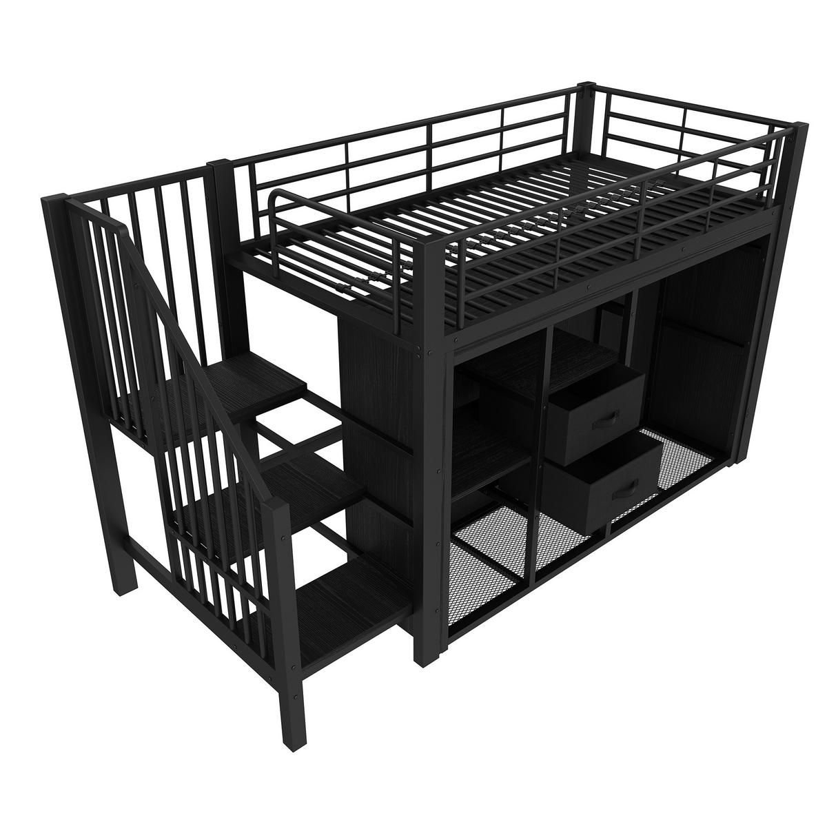 HALBHOCHBETT aus Metall und MDF 90x200 cm Schwarz mit 2 Schubladen, Kleiderstange und LED-Beleuchtung - Schwarz, Metall (90/200cm) - IVMEU
