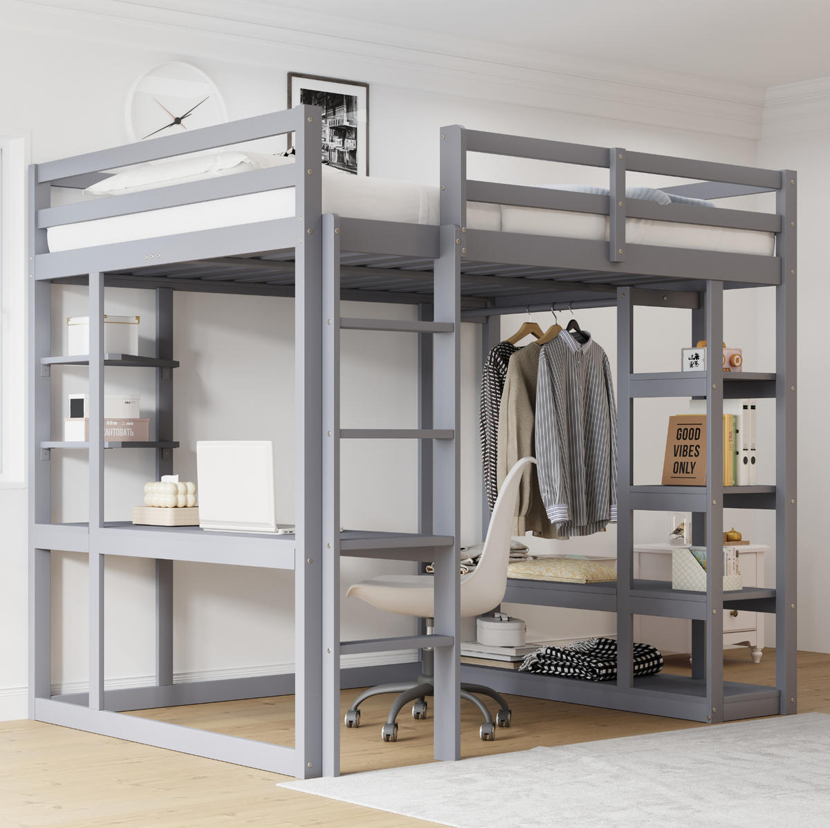 HOCHBETT 140/200 cm Grau mit Schreibtisch und Stauraum aus Massivholz - Grau, Holz (140/200cm) - Flora Grace