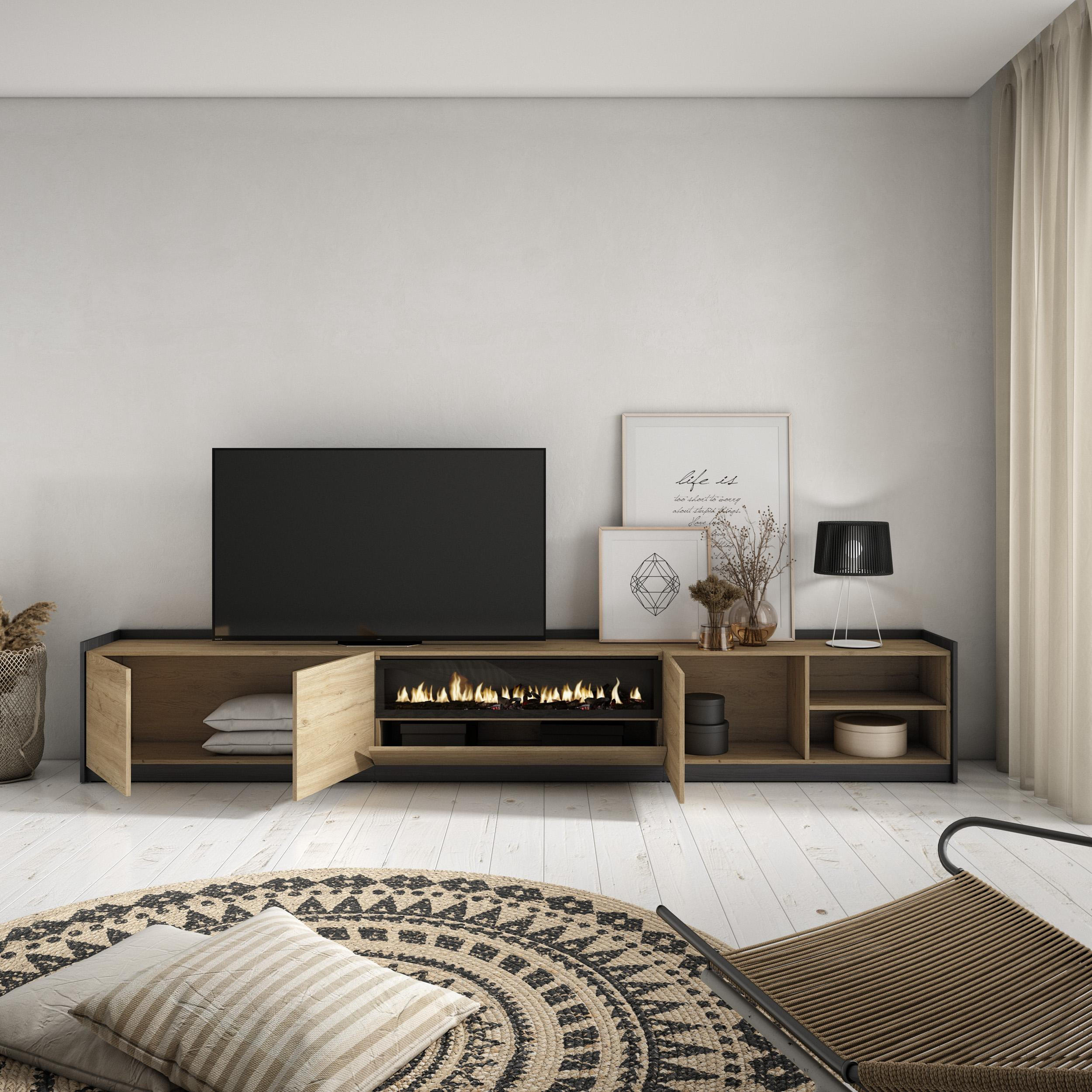 TV-SCHRANK, Lowboard, Eiche Schwarz, Elektrokamin, 310/37/50cm - Eichefarben, Holzwerkstoff (310/50/37cm) - Skraut Home