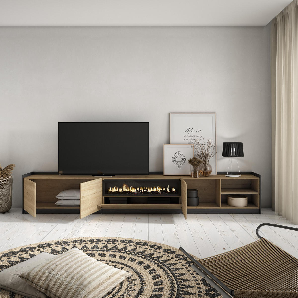 TV-SCHRANK, Lowboard, Eiche Schwarz, Elektrokamin, 310/37/50cm - Eichefarben, Holzwerkstoff (310/50/37cm) - Skraut Home