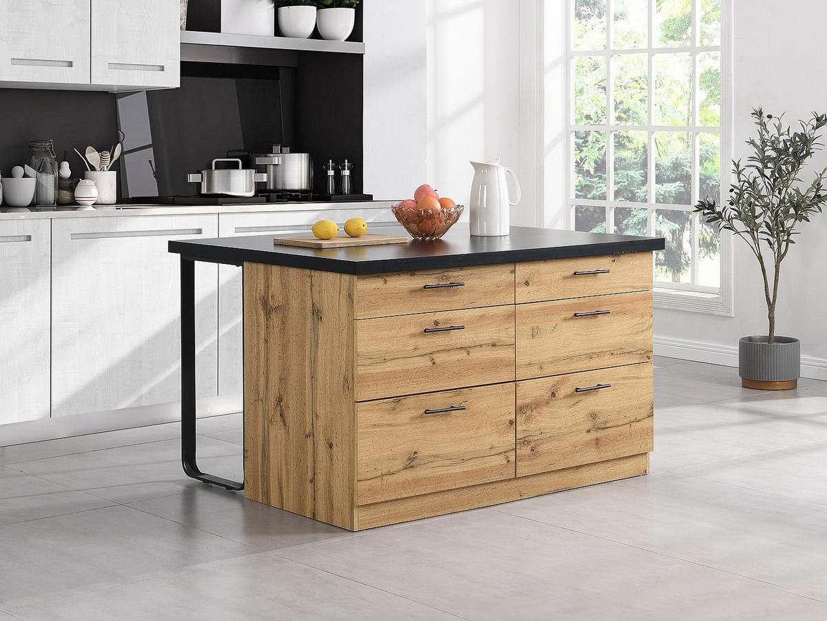 KÜCHENINSEL mit 6 Schubladen aus MDF & Metall - Schwarz & Holzfarben hell - ALEGRITA - Schwarz, Holz (126/80/104cm) - Vente-Unique