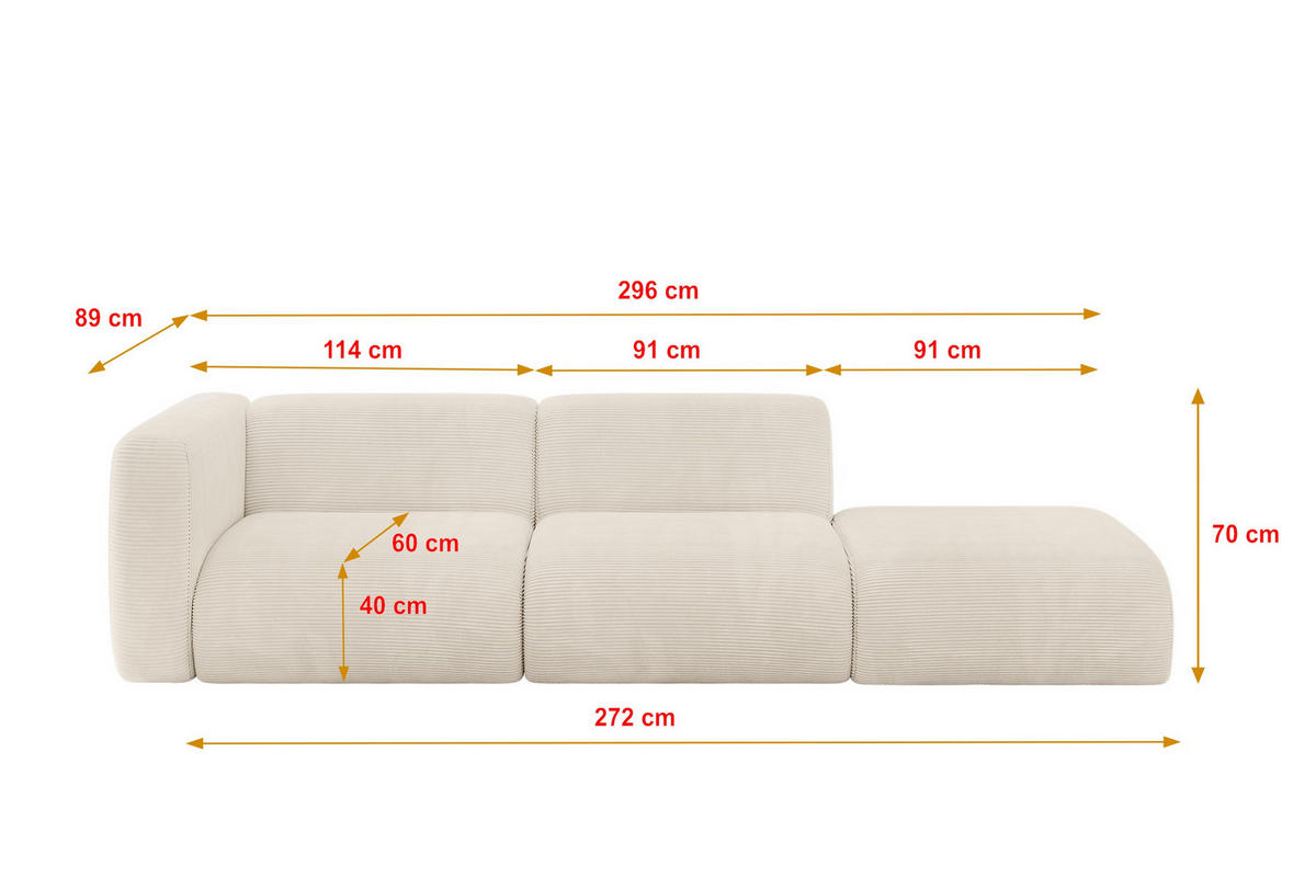 SOFA Ottomane Links MIRA-S3 296x89x70 Beige Cord - Sandfarben/Beige, Holzwerkstoff/Kunststoff (296/70/89cm) - ALTDECOR