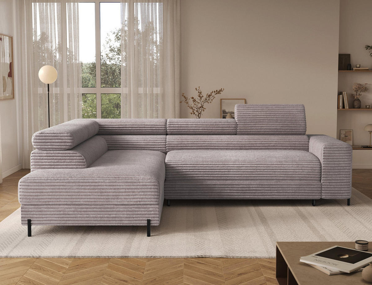 ECKSOFA COLESIO L-Form, Schlaffunktion, Bettkasten, verstellbare Kopfstützen, Wellenfederung, Metallfüße, breiter Cordstoff - Schwarz/Grau, Kunststoff/Metall (269/204cm) - Wohnideebilder