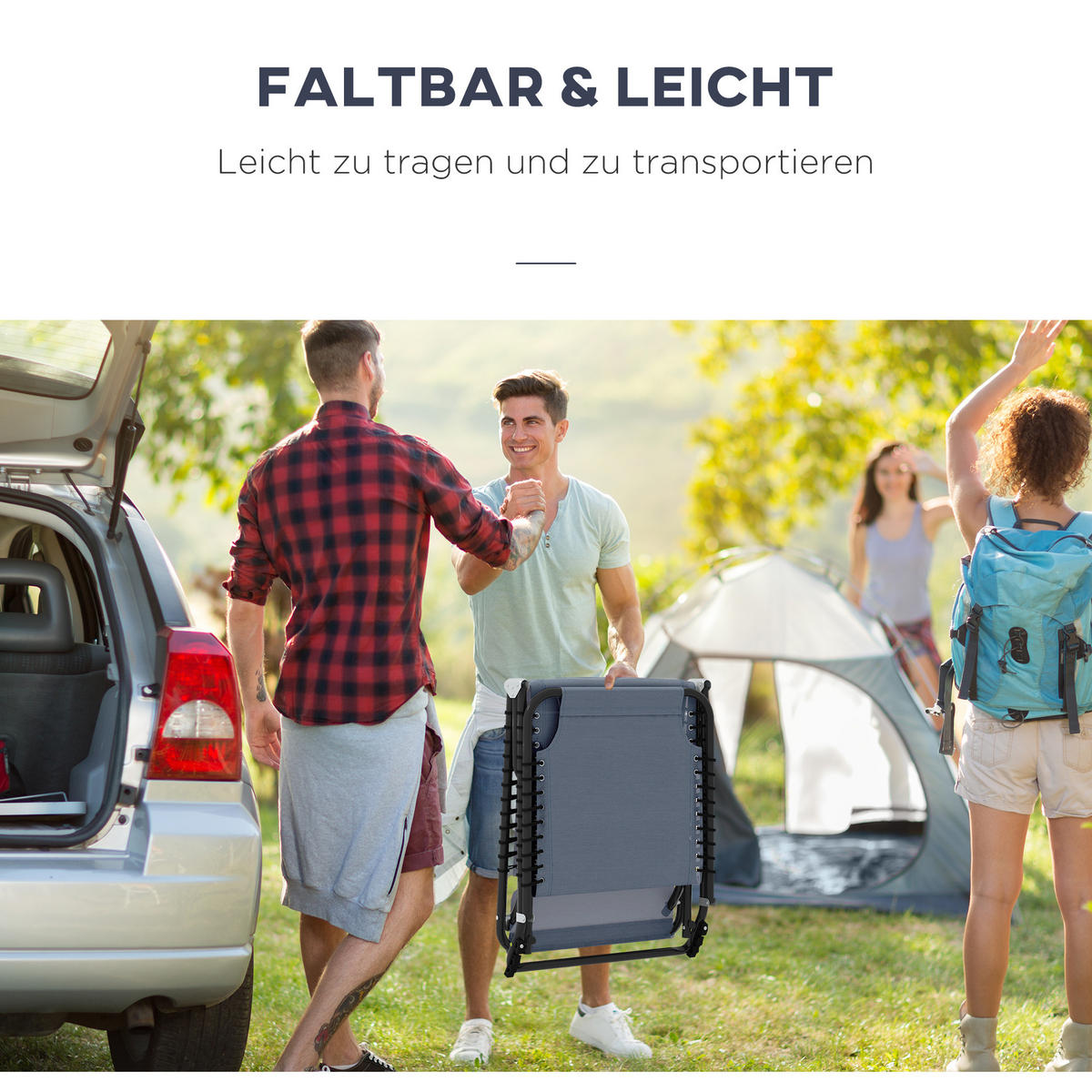 KLAPPBARE Sonnenliege mit 4-fach verstellbarer Rückenlehne, wetterfeste Camping- und Gartenliege bis 120 kg, Grau - Grau, Metall (189/30/58cm)