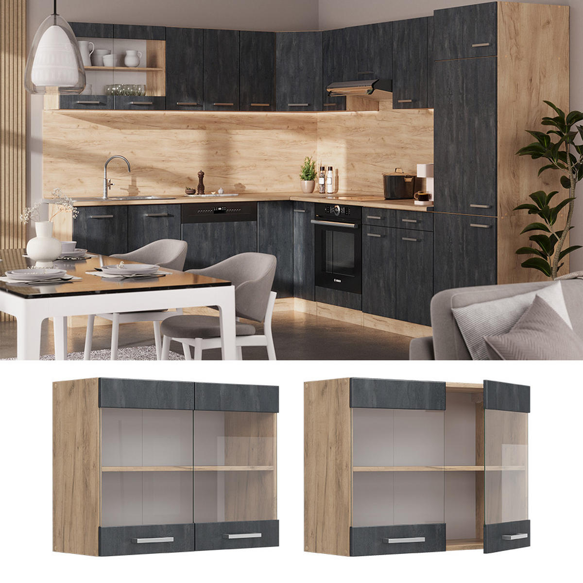 KÜCHENGLASSCHRANK R-Line Schwarz Beton 80 cm - Honigeiche/Eiche Wotan, Holzwerkstoff (80/60/31cm) - Vicco