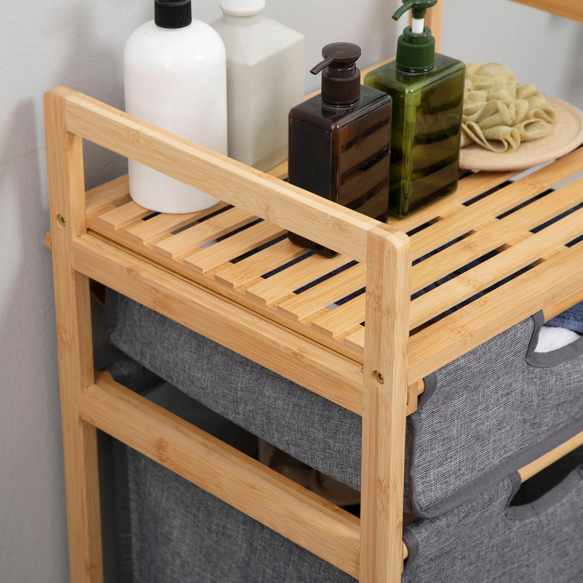 WÄSCHEKORB, Bambus, Polyester Natur+Grau - Naturfarben/Grau, Naturmaterialien (35/84.5/42cm) - HOMCOM