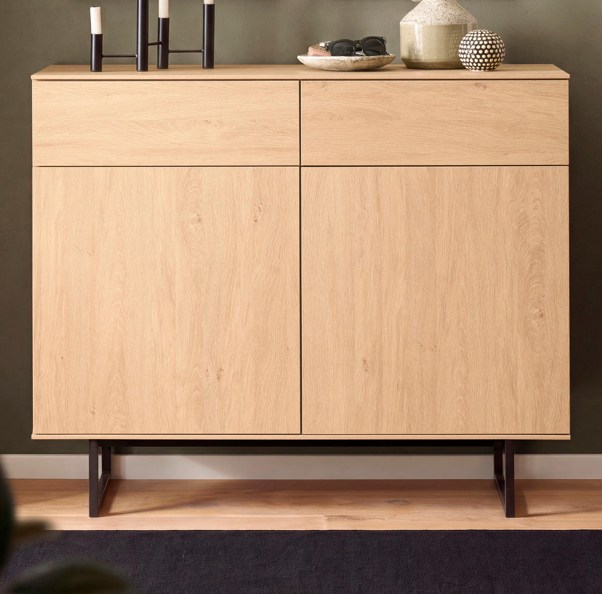 FLURKOMMODE Stone Eiche 115 x 98 cm, Schuhschrank mit Push-to-Open - Eichefarben/Schwarz, Holzwerkstoff/Metall (115/98/40cm) - Furn.Design
