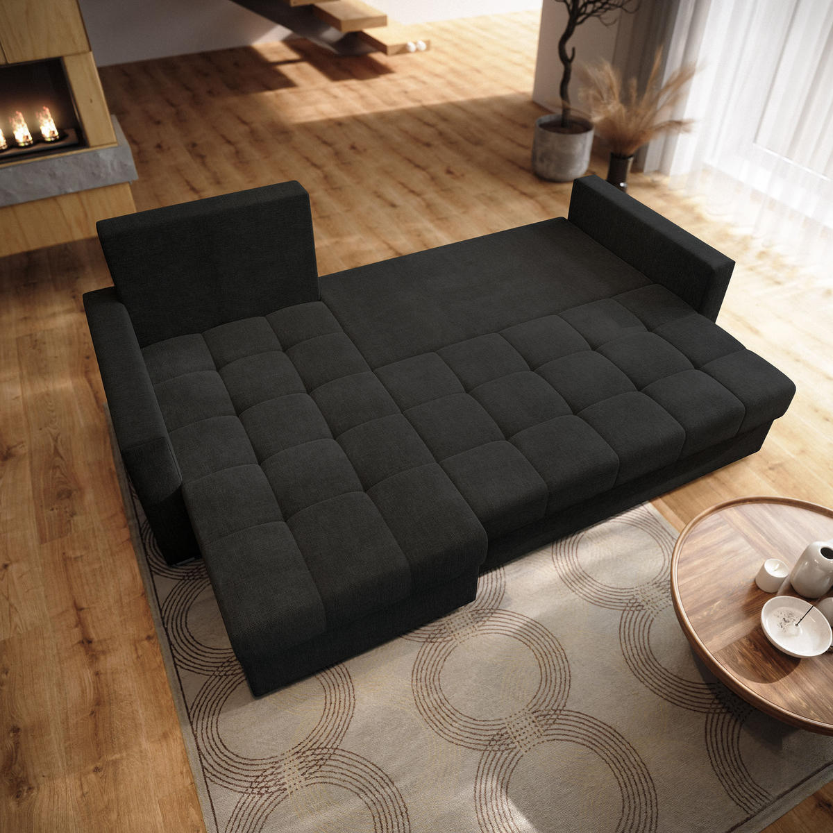 ECKSOFA NIDA Schwarz Geflochtener Stoff mit Schlaffunktion - Schwarz, Holz (220/143cm) - MASSENO