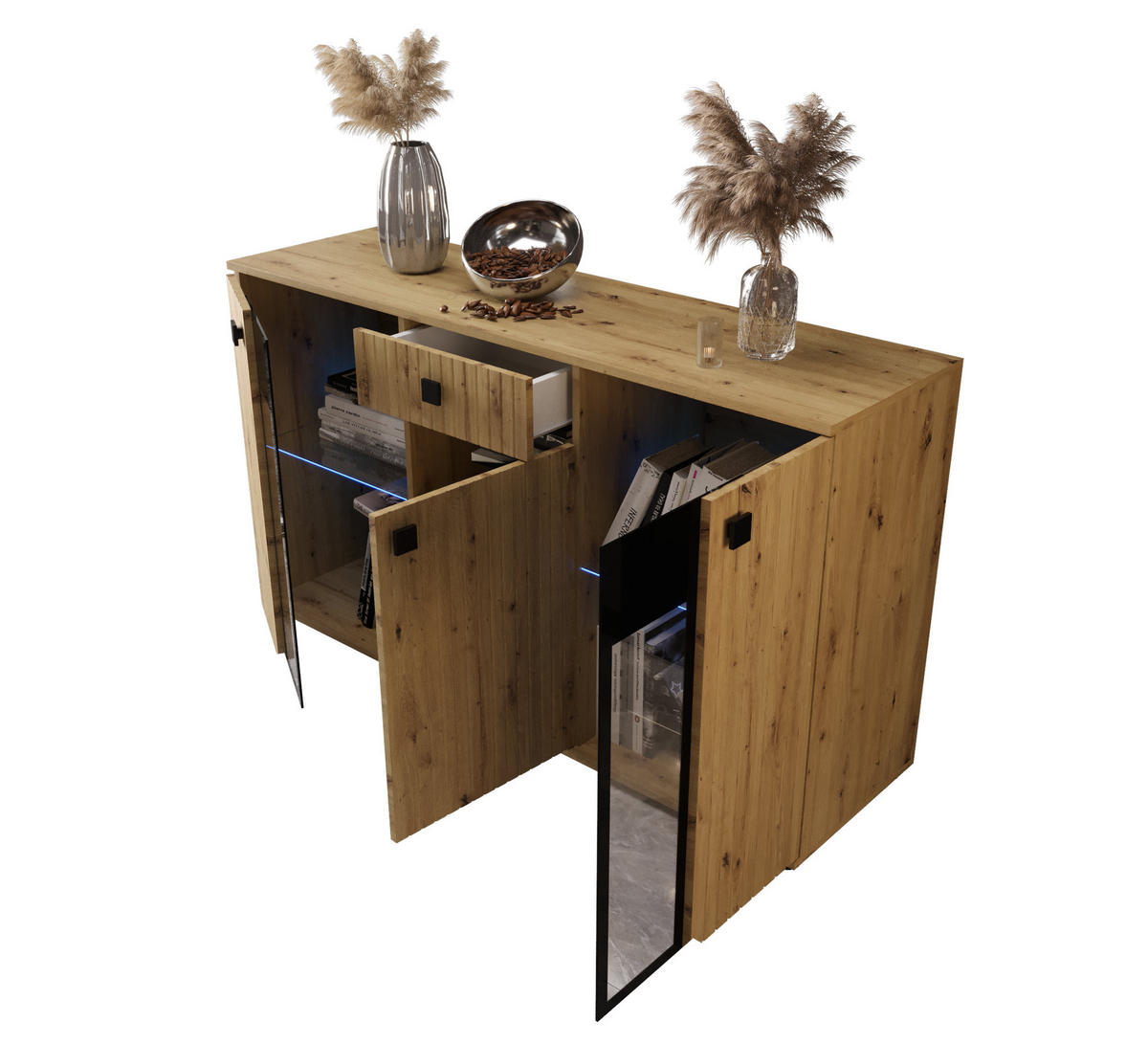 KOMMODE London LSMK LAMELE mit 3 Türen, Sideboard in Farbe: Braun, Größe: 140 x 80 x 40 cm - Braun, Holzwerkstoff (140/80/40cm) - O-Sofa