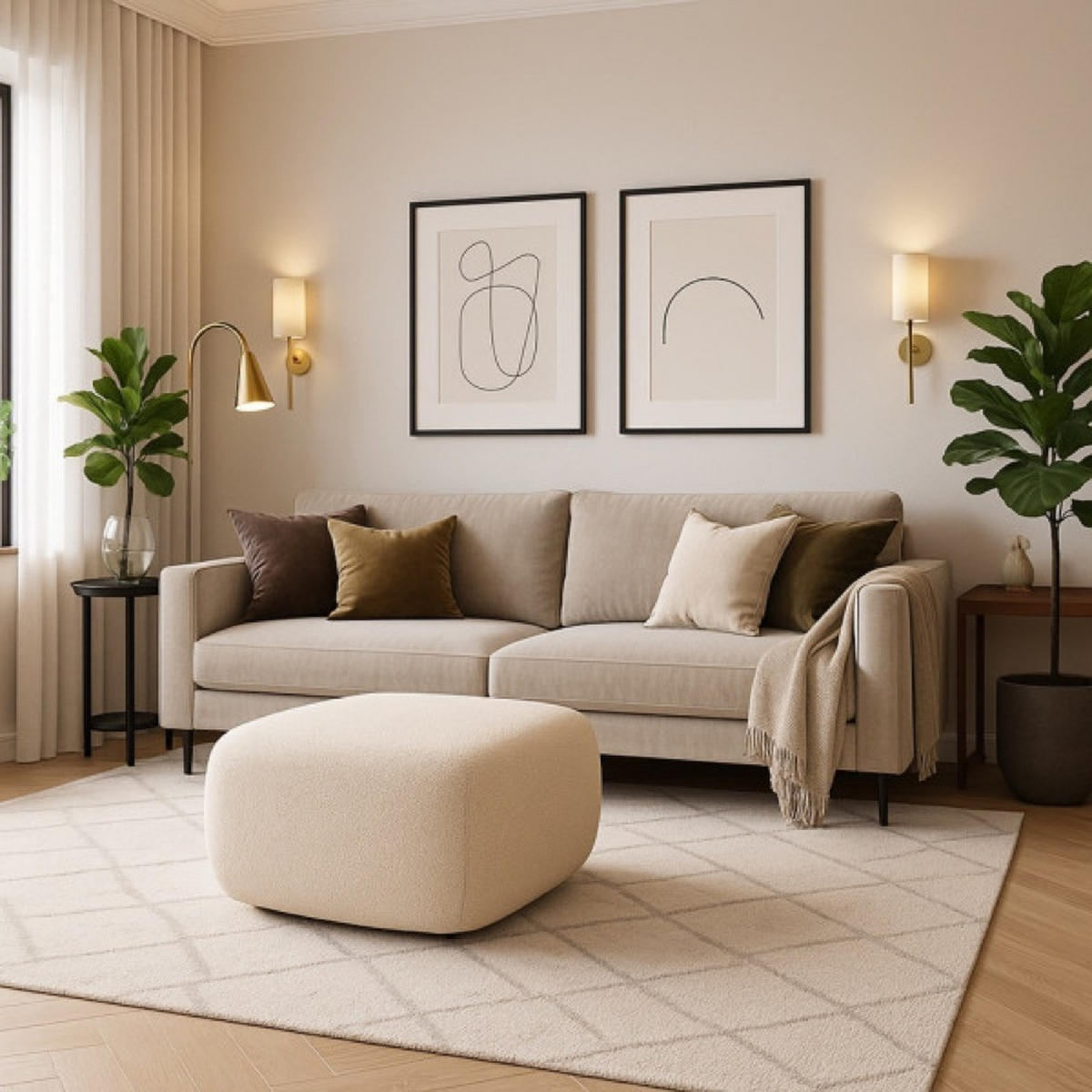 POUF Hellbeige LIO Bezogen Mit Abriamo Stoff Auf Schwarzen Niedrigen Beinen - Beige, Textil (75/39/75cm) - Sepro Meble