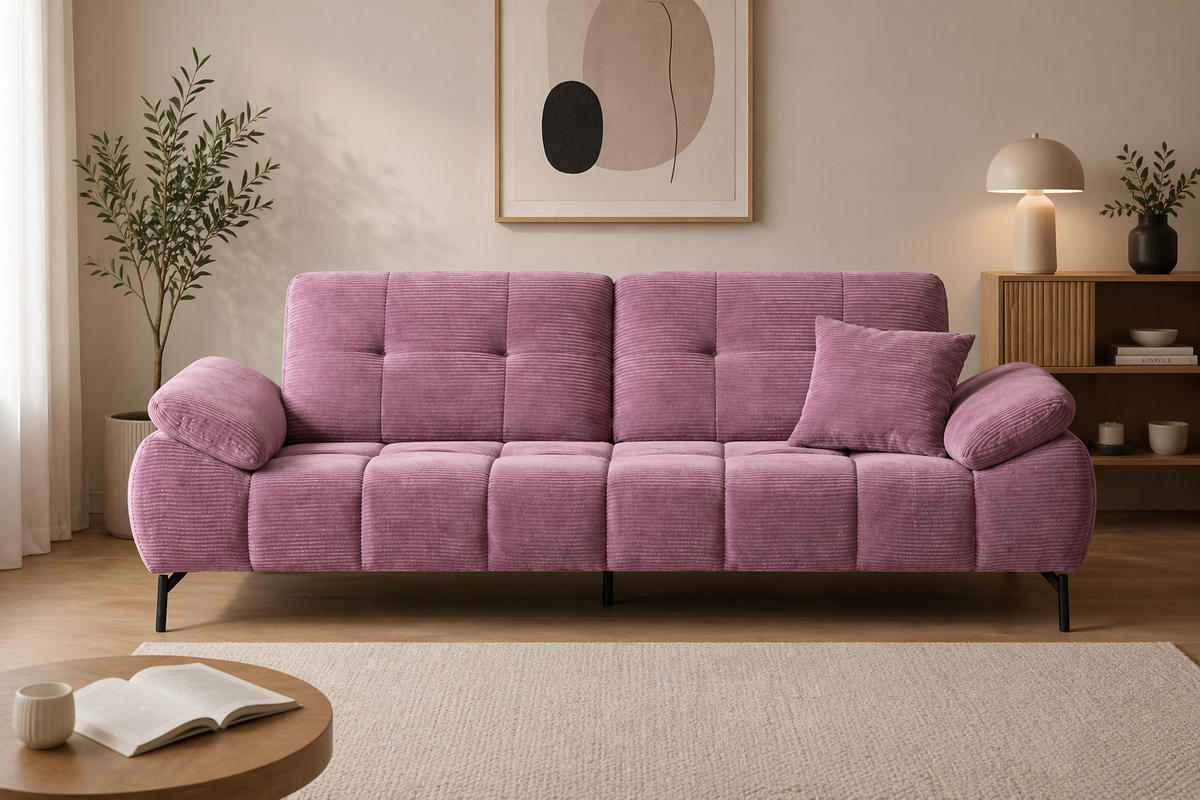 BIG Sofa Tiko Cord 245cm - Dunkelrosa/Schwarz, Holz/Metall (245/97/100cm) - Möbeldreams