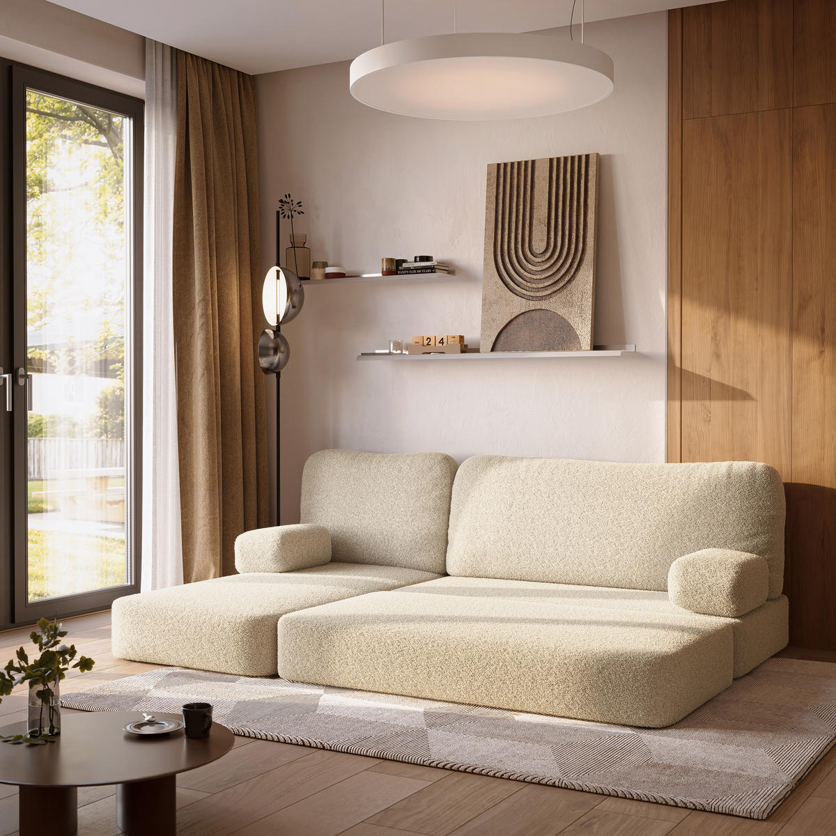 ECKSOFA SABI modulares Boneless Sofa mit Schlaffunktion Creme Boucle-Stoff - Creme, Textil (200/120cm) - MASSENO