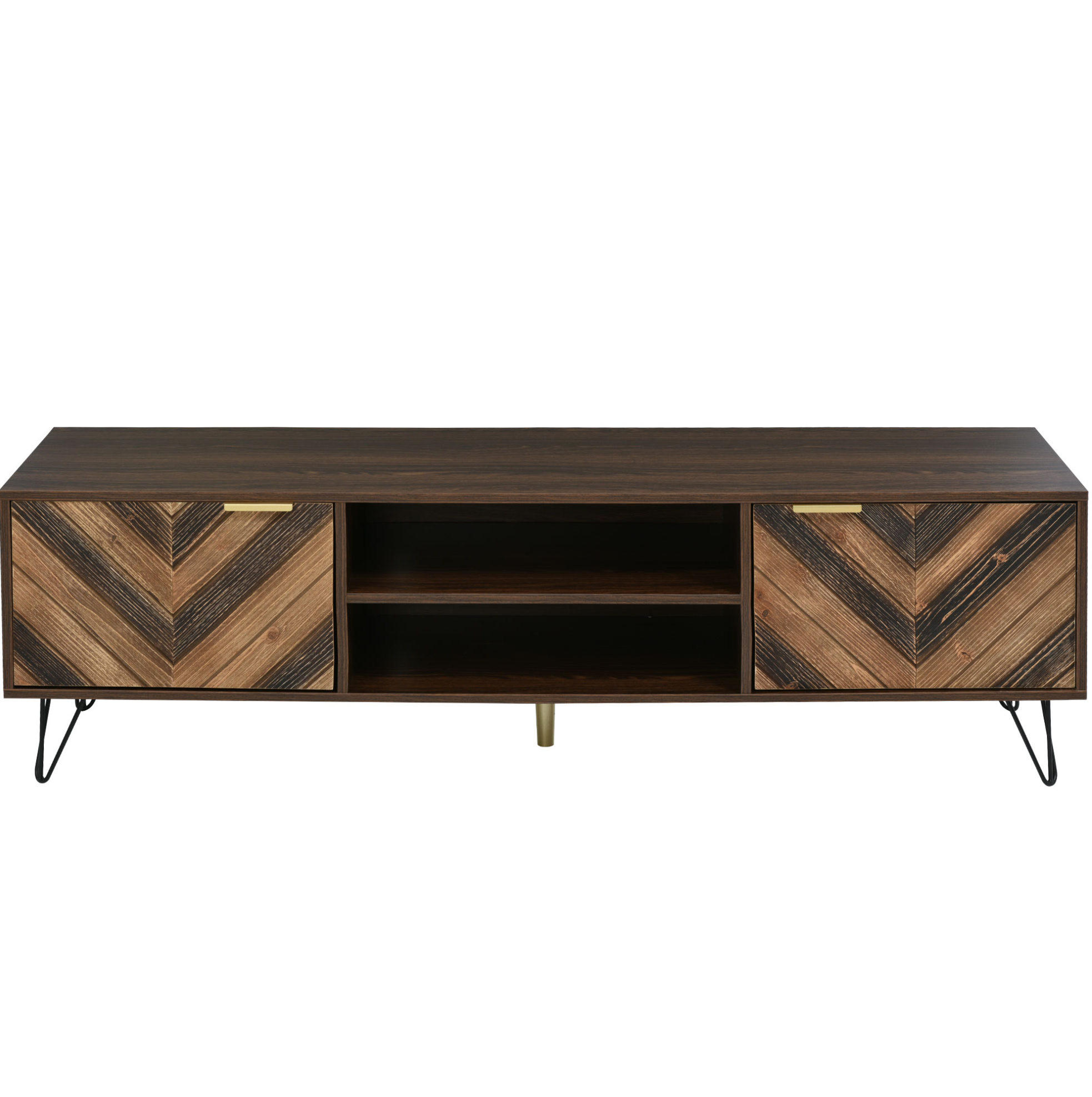 TV-LOWBOARD aus Holzwerkstoff 155x38x48 cm Natur mit 2 Türen, goldfarbenen Griffen und Eisenfüßen - Naturfarben, Holzwerkstoff (155/48/38cm) - Modfu
