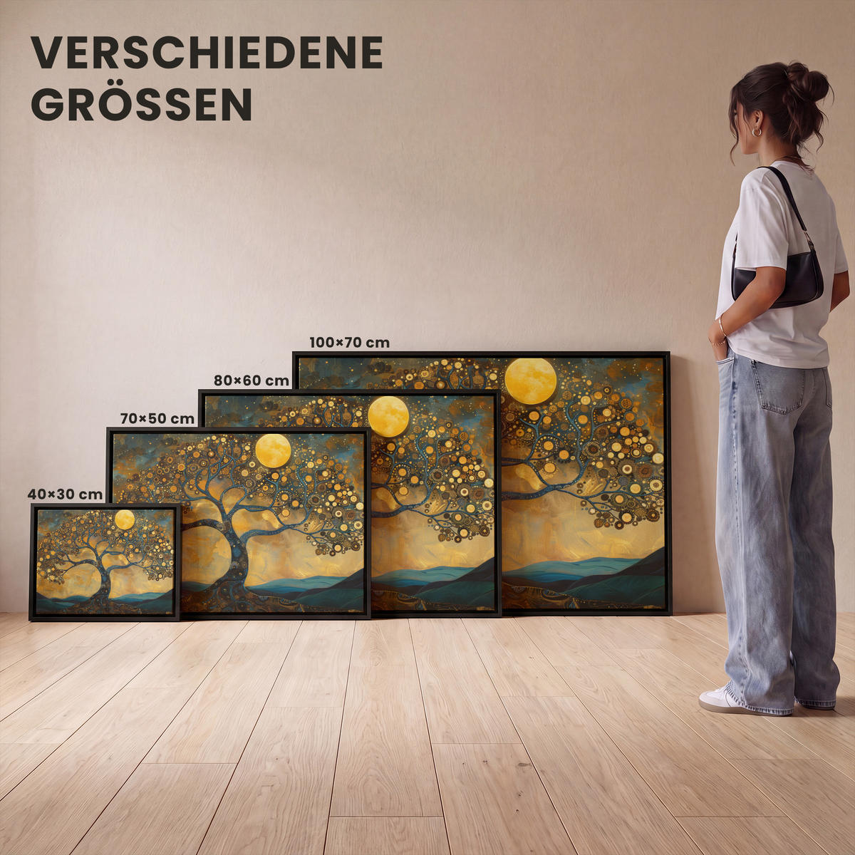 LEINWAND Bilder mit Rahmen - Baum - Mond - Blumen - Gold - Kunst - 40x30 - Orange, Textil (40/30cm) - MuchoWow