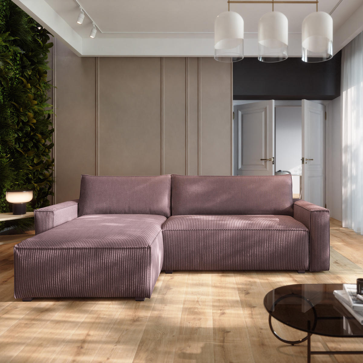 ECKSOFA BESMIR Lila Kordstoff mit Schlaffunktion - Lila, Holz (275/148cm) - MASSENO