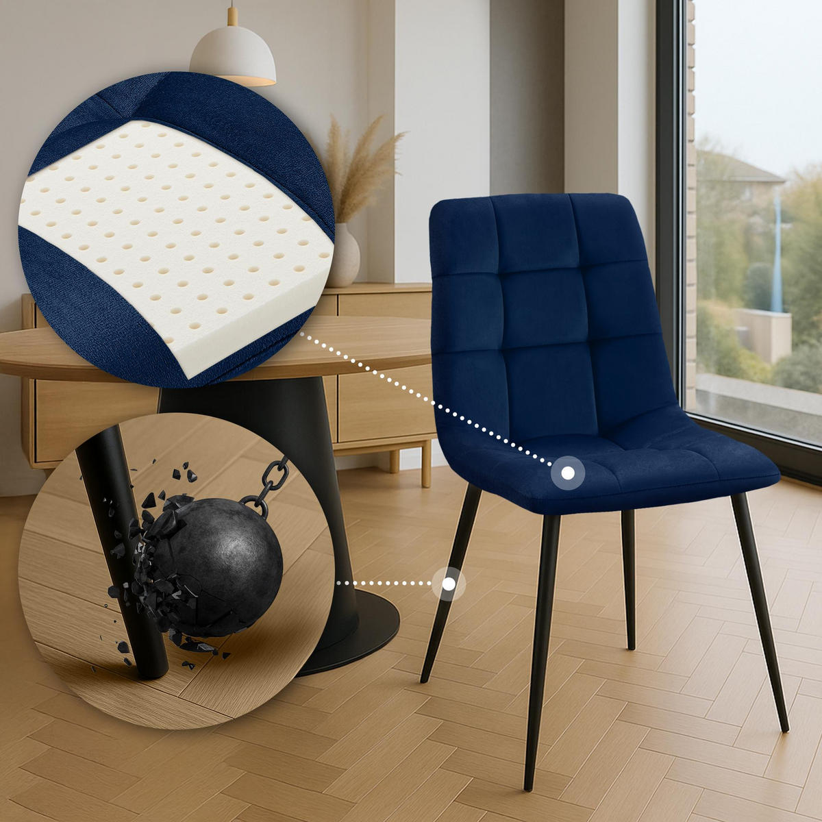 STUHL 4er Set Samt Dunkelblau - Schwarz/Dunkelblau, Textil/Metall (45/84/55cm) - CLP