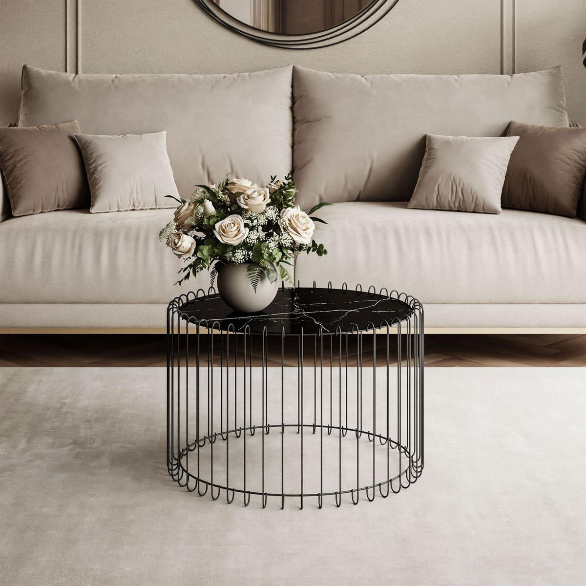 COUCHTISCH MARBELLE mit Marmorplatte, schwarzer Marmor/Schwarz - Schwarz, Metall (60/60/39cm) - Lookway