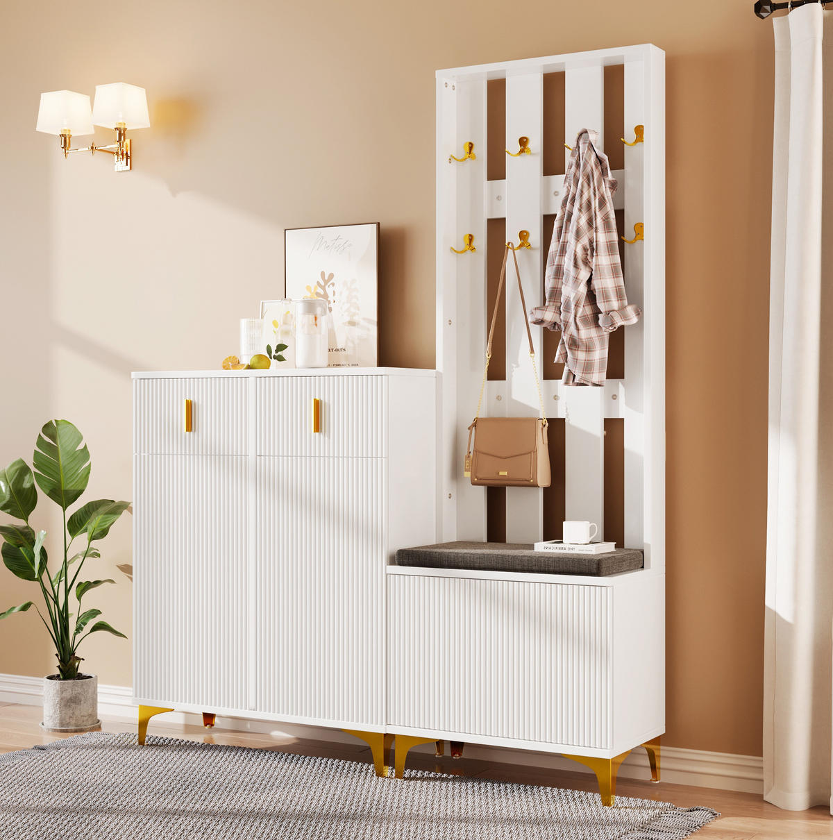 GARDEROBENSET 60,5/35,2/180,5 cm + 83/35/101 cm aus Spanplatte mit Schuhbank Weiß - Weiß, Holzwerkstoff (83/101/35cm) - Modenvie