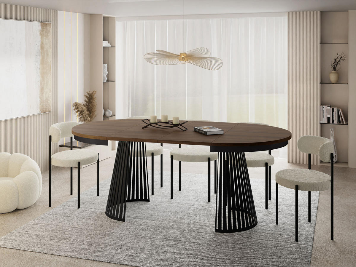 ESSTISCH Naro rund ausziehbar mit Schwarzem Lamellen-Metallgestell, Walnuss Braun 120-200/120/76 cm - Walnussfarben/Schwarz, Holzwerkstoff/Metall (120/120/76cm) - WFL GROUP