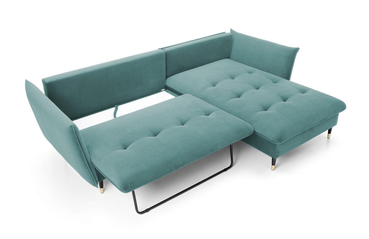 ECKSOFA GLAM mit Schlaffunktion, Ottomane & goldenen Füßen – Samtsofa im Glamour-Stil mit Zierkissen, 258x167x91 cm, rechte, münze​ - Hellgrün, Holz/Textil (258/167cm) - DomoHome
