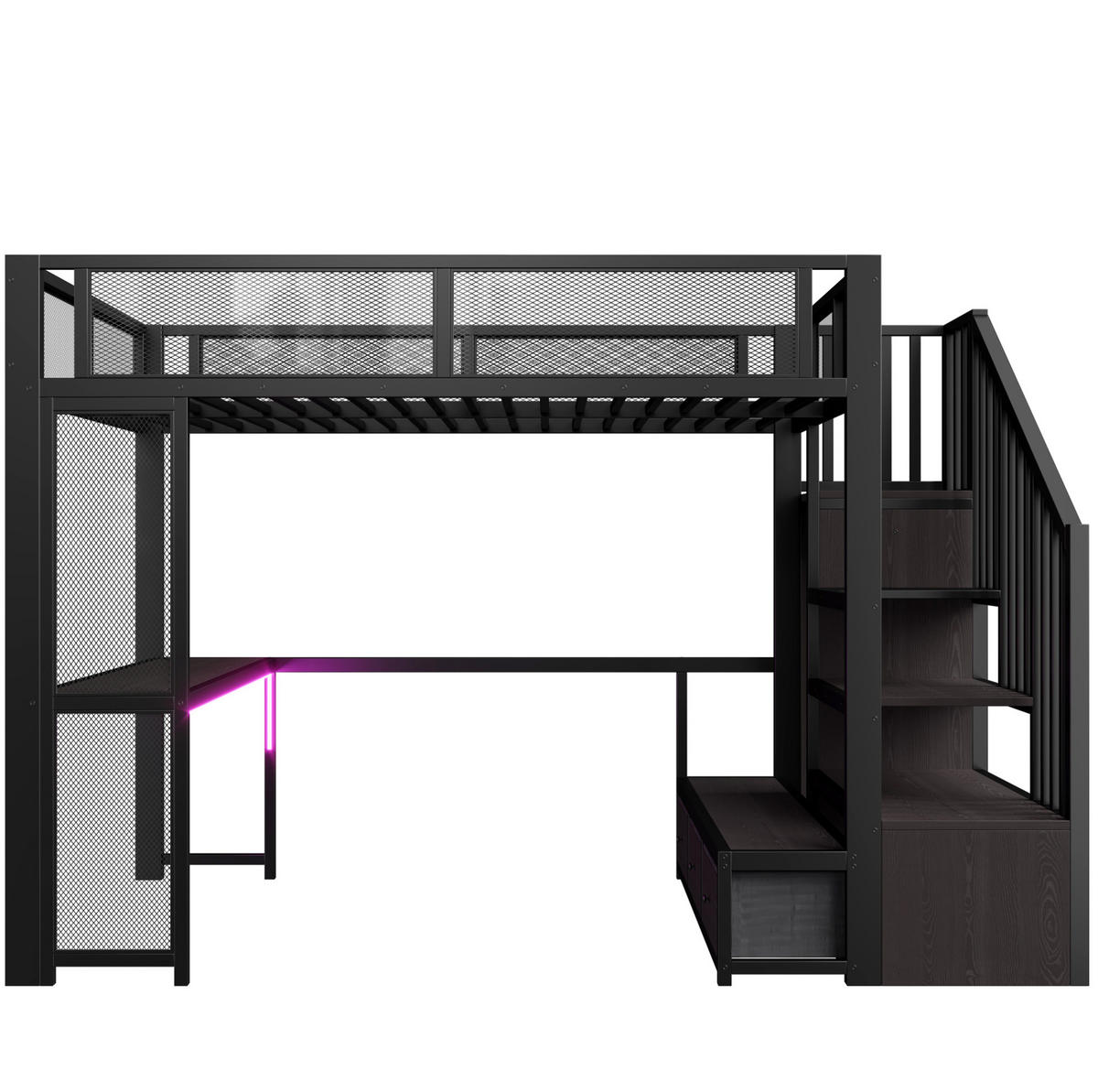 HOCHBETT MDF Metall 140x200 cm Schwarz mit Treppe, Schreibtisch, LED, USB und Stauraum - Schwarz, Holzwerkstoff (140/200cm) - Modfu