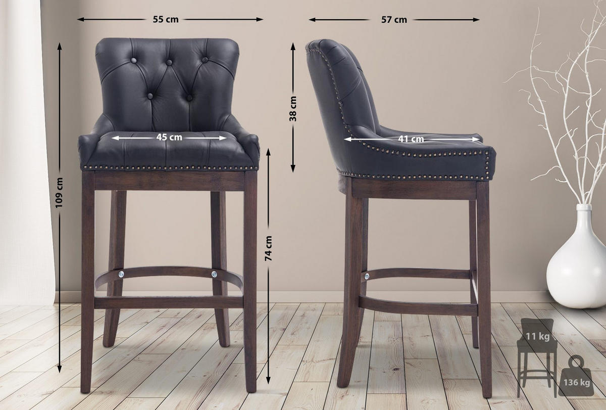 BARHOCKER Lakewood Massivholz 109x55x57 cm schwarz - Schwarz, Leder (55/109/57cm) - furnicato