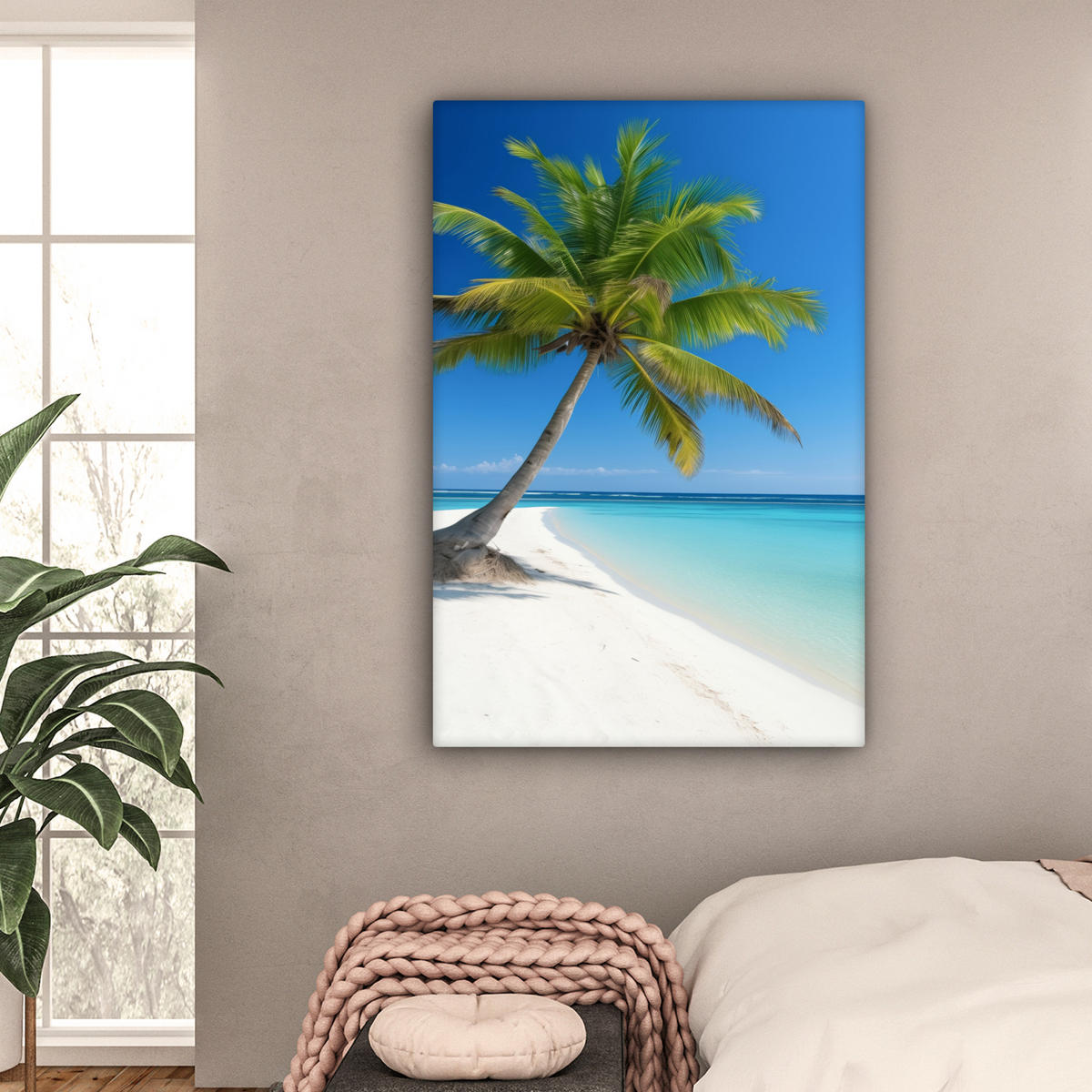 LEINWANDBILD Strand - Palme - Tropisch - Meer Deko XXL 80x120 cm - Grün, Textil (80/120cm) - MuchoWow