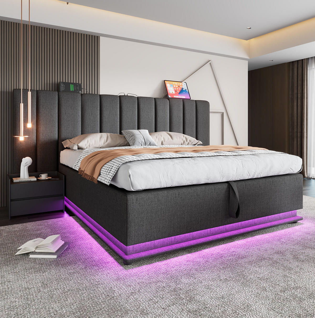 POLSTERBETT aus Leinen 160x200 cm Grau mit Bettkasten, LED-Beleuchtung und USB-C-Anschluss - Grau, Textil (160/200cm) - IVMEU